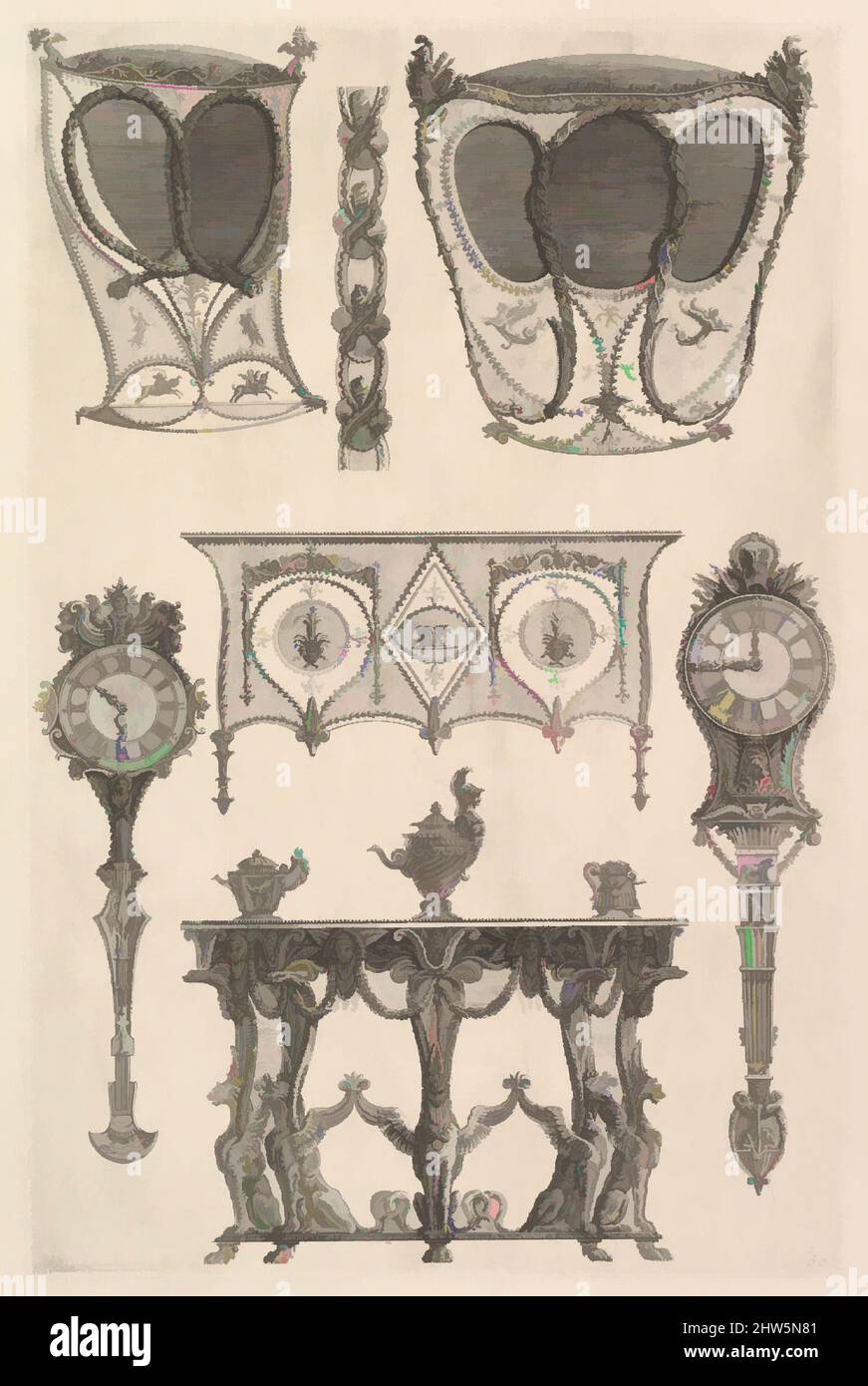 Art inspired by A sedan chair, a coach, a commode, a side table and two clocks (Deux ch. à porteurs v. de côté, une commode, une console, deux pedules, un meuble indét), from Diverse Maniere d'adornare i cammini ed ogni altra parte degli edifizi...(Different Ways of ornamenting, Classic works modernized by Artotop with a splash of modernity. Shapes, color and value, eye-catching visual impact on art. Emotions through freedom of artworks in a contemporary way. A timeless message pursuing a wildly creative new direction. Artists turning to the digital medium and creating the Artotop NFT Stock Photo