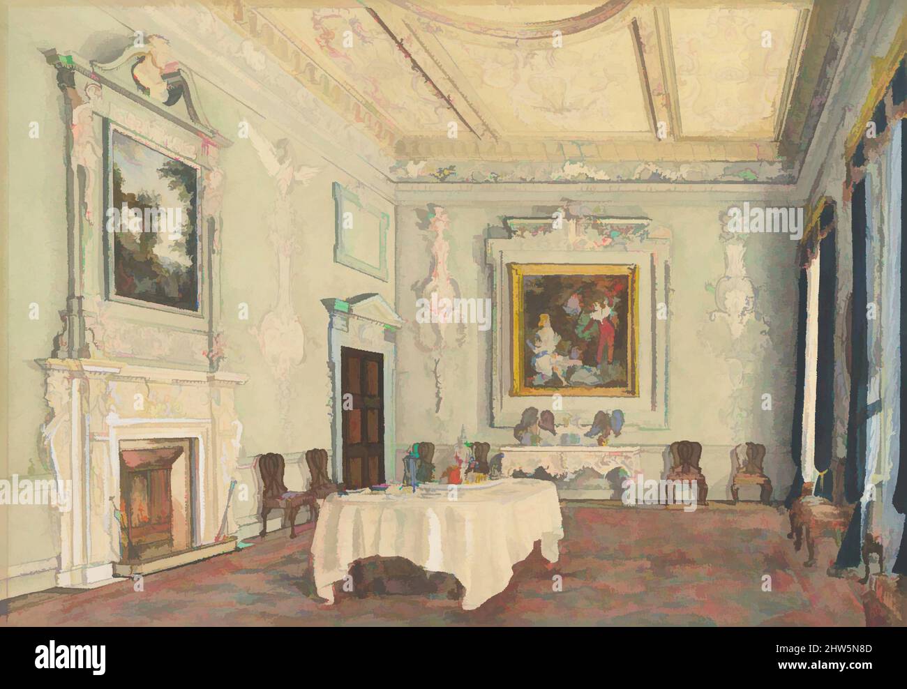 Art inspired by Kirtlington Park, Oxfordshire: View of the Dining Room, 1876, Watercolor and gouache over graphite, sheet: 13 11/16 x 19 11/16 in. (34.8 x 50 cm), Susan Alice Dashwood (British, 1856–1922), This drawing documents the history of the Kirtlington Park dining room, showing, Classic works modernized by Artotop with a splash of modernity. Shapes, color and value, eye-catching visual impact on art. Emotions through freedom of artworks in a contemporary way. A timeless message pursuing a wildly creative new direction. Artists turning to the digital medium and creating the Artotop NFT Stock Photo