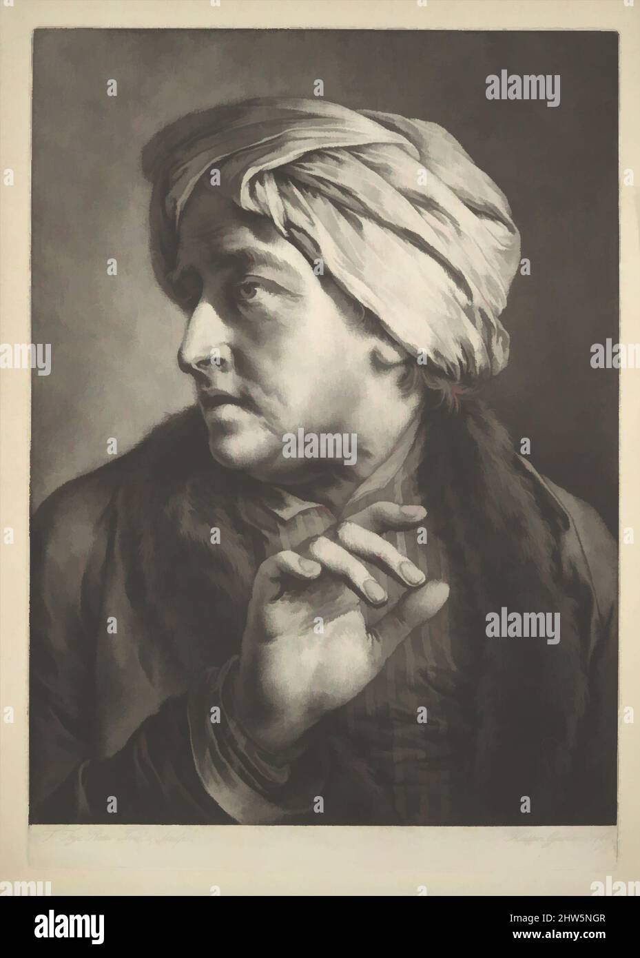 Art inspired by Head of a Man Wearing a Turban (from Life-Sized Heads, First Series), 1760, Mezzotint; second state, Plate: 19 7/8 × 13 15/16 in. (50.5 × 35.4 cm), Prints, Thomas Frye (Irish, Edenderry 1711/12–1762 London), In 1760, the pastel portraitist and porcelain manufacturer, Classic works modernized by Artotop with a splash of modernity. Shapes, color and value, eye-catching visual impact on art. Emotions through freedom of artworks in a contemporary way. A timeless message pursuing a wildly creative new direction. Artists turning to the digital medium and creating the Artotop NFT Stock Photo