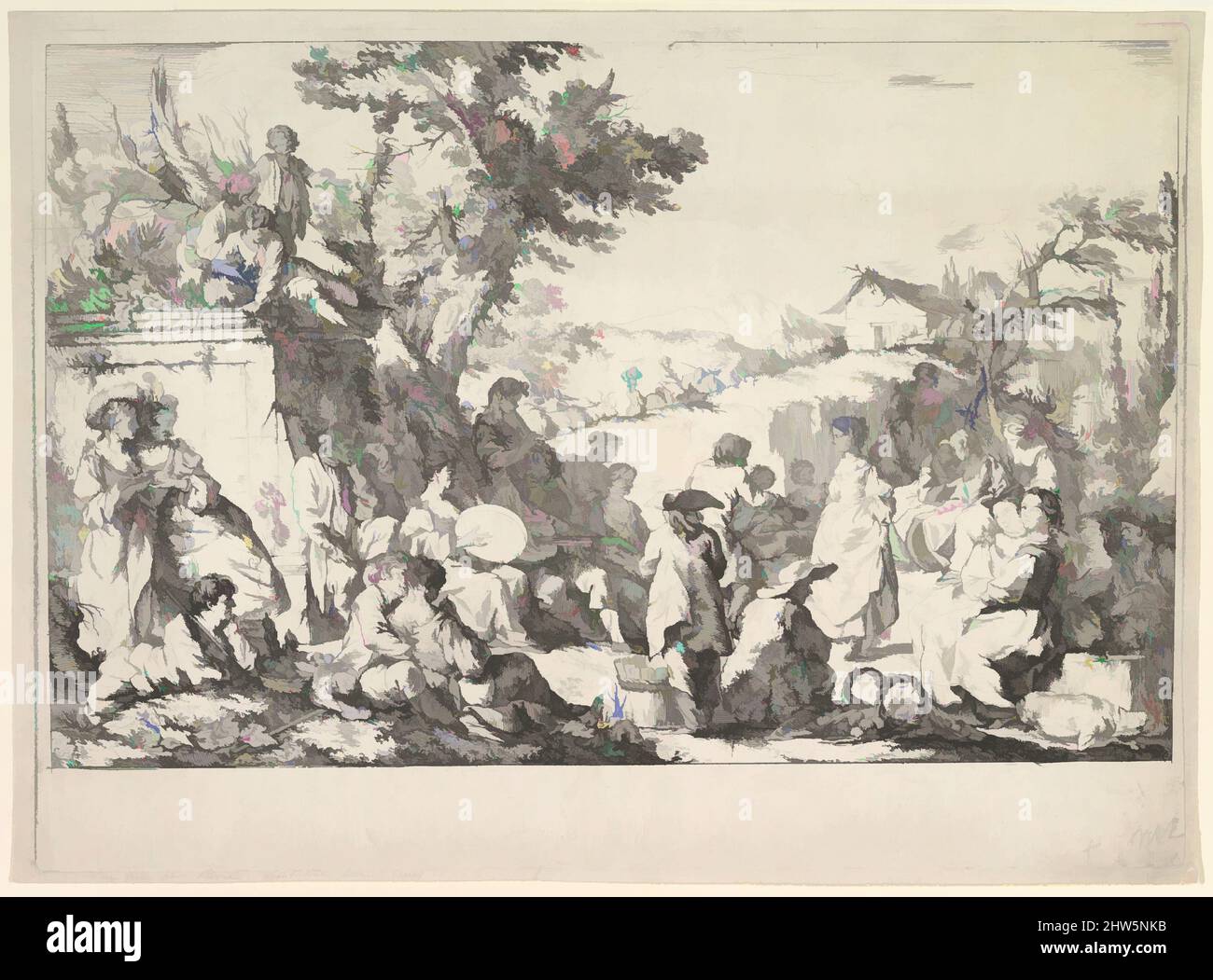 Art inspired by The Village Festival (Fête de village dans la campagne romaine), ca. 1735–40, Etching; proof state, sheet: 12 9/16 x 16 15/16 in. (31.9 x 43.1 cm), Prints, Jean-Baptiste Marie Pierre (French, Paris 1714–1789 Paris, Classic works modernized by Artotop with a splash of modernity. Shapes, color and value, eye-catching visual impact on art. Emotions through freedom of artworks in a contemporary way. A timeless message pursuing a wildly creative new direction. Artists turning to the digital medium and creating the Artotop NFT Stock Photo