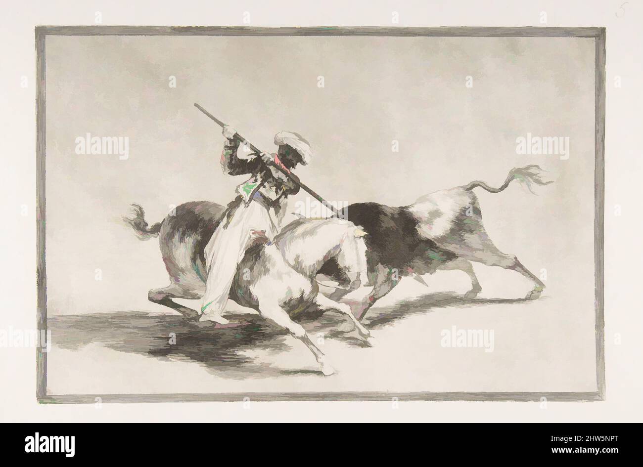 Art inspired by Plate 5 from 'The Tauromaquia': The spirited Moor Gazul is the first to spear bulls according to the rules, 1816, Etching, burnished aquatint and drypoint, Plate: 9 3/4 x 13 7/8 in. (24.7 x 35.2 cm), Prints, Goya (Francisco de Goya y Lucientes) (Spanish, Fuendetodos, Classic works modernized by Artotop with a splash of modernity. Shapes, color and value, eye-catching visual impact on art. Emotions through freedom of artworks in a contemporary way. A timeless message pursuing a wildly creative new direction. Artists turning to the digital medium and creating the Artotop NFT Stock Photo