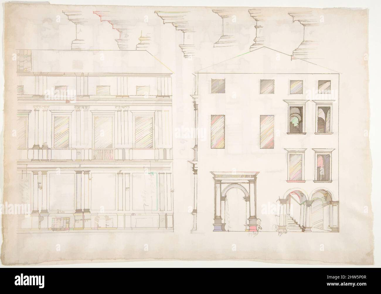 Art inspired by Villa Farnesina, Stables, half front elevation and end elevation (recto) Palazzo Salviati-Adimari, plan (verso), early to mid-16th century, Dark brown ink, black chalk, ink wash, and incised lines, sheet: 9 5/8 x 13 9/16 in. (24.5 x 34.5 cm), Drawings, Classic works modernized by Artotop with a splash of modernity. Shapes, color and value, eye-catching visual impact on art. Emotions through freedom of artworks in a contemporary way. A timeless message pursuing a wildly creative new direction. Artists turning to the digital medium and creating the Artotop NFT Stock Photo