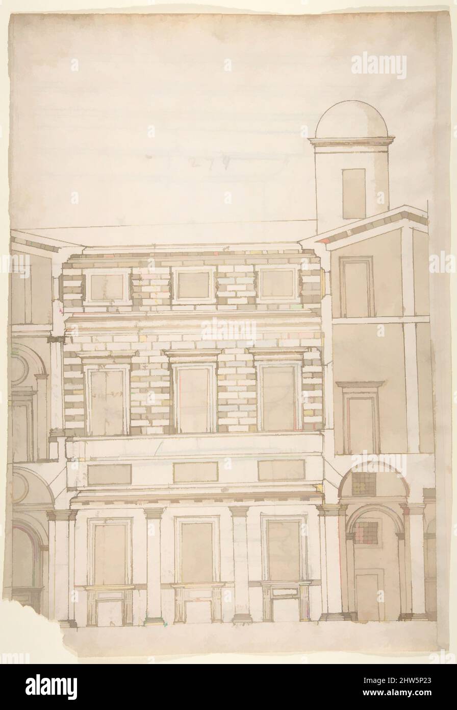 Art inspired by Palazzo Massimo alle Colonne, cortile, section (recto) Palazzo Massimo alle Colonne, first story loggia entablature, profile section and column shaft (verso), early to mid-16th century, Dark brown ink, black chalk, and incised lines, sheet: 16 1/8 x 11 1/4 in. (41 x 28., Classic works modernized by Artotop with a splash of modernity. Shapes, color and value, eye-catching visual impact on art. Emotions through freedom of artworks in a contemporary way. A timeless message pursuing a wildly creative new direction. Artists turning to the digital medium and creating the Artotop NFT Stock Photo