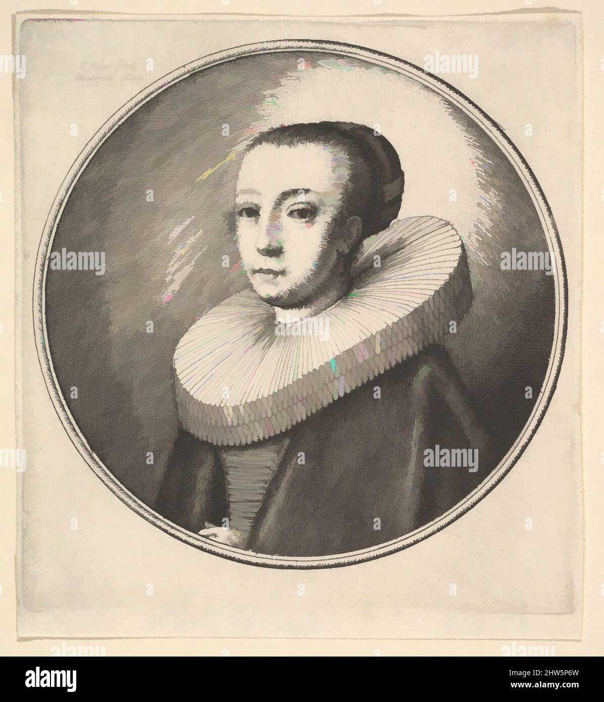 Art inspired by Woman with circular lace ruff, 1644, Etching; only state, Plate: 4 × 3 3/4 in. (10.2 × 9.6 cm), Prints, Wenceslaus Hollar (Bohemian, Prague 1607–1677 London), Woman shown bust length within a roundel, her hair pulled back and covered by a net, wearing a round ruff and, Classic works modernized by Artotop with a splash of modernity. Shapes, color and value, eye-catching visual impact on art. Emotions through freedom of artworks in a contemporary way. A timeless message pursuing a wildly creative new direction. Artists turning to the digital medium and creating the Artotop NFT Stock Photo