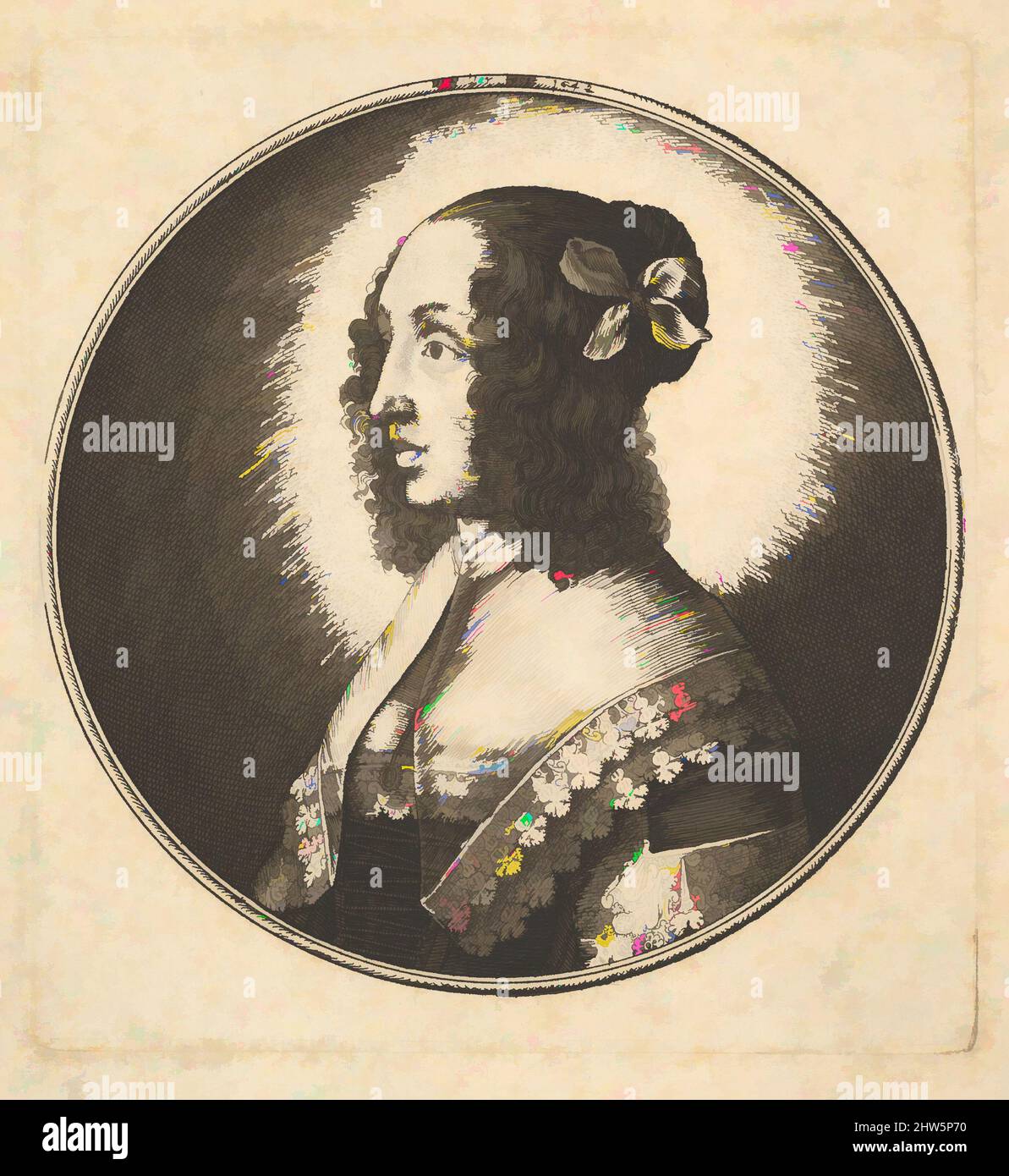 Art inspired by Woman with dark hair and a bow in profile to the left, 1642, Etching; only state, Plate: 3 7/8 × 3 5/8 in. (9.9 × 9.2 cm), Prints, Wenceslaus Hollar (Bohemian, Prague 1607–1677 London), Portrait of a woman, head and shoulders almost in profile to left, with curly hair, Classic works modernized by Artotop with a splash of modernity. Shapes, color and value, eye-catching visual impact on art. Emotions through freedom of artworks in a contemporary way. A timeless message pursuing a wildly creative new direction. Artists turning to the digital medium and creating the Artotop NFT Stock Photo