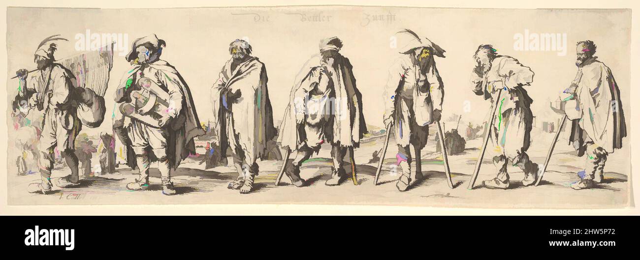 Art inspired by Die Bettler Zunfft (The Seven Beggars), 1630, Etching, only state, 3 5/16 x 10 1/2 in. (8.5 x 26.7 cm), Prints, After Jacques Callot (French, Nancy 1592–1635 Nancy), Plate 1 of 4 prints of beggars after Callot. Seven male beggars standing in a row in a landscape, four, Classic works modernized by Artotop with a splash of modernity. Shapes, color and value, eye-catching visual impact on art. Emotions through freedom of artworks in a contemporary way. A timeless message pursuing a wildly creative new direction. Artists turning to the digital medium and creating the Artotop NFT Stock Photo