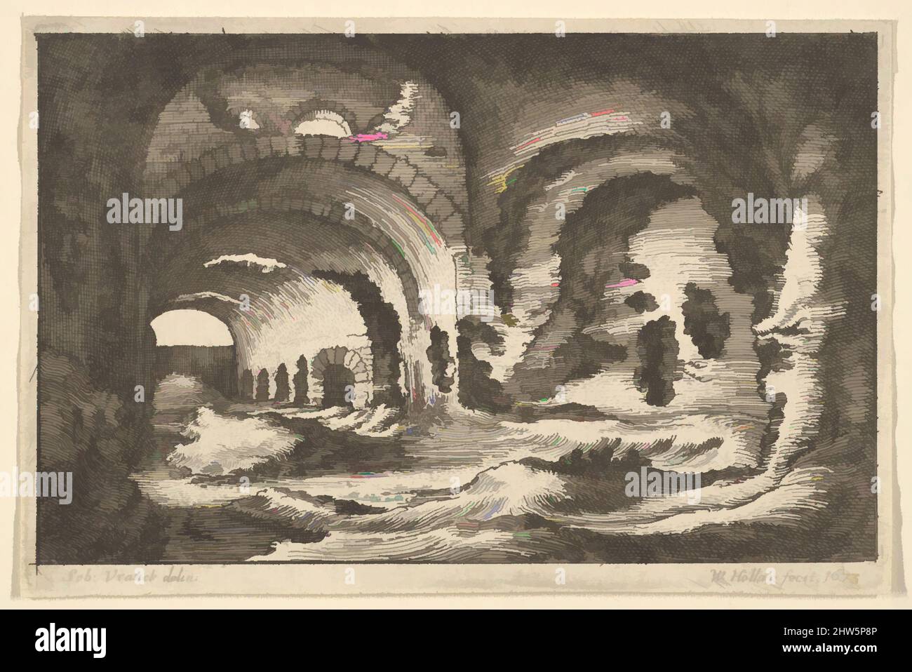 Art inspired by Roman remains at Tivoli, 1673, Etching; first state of three, Sheet: 2 3/4 × 4 3/16 in. (7 × 10.7 cm), Prints, After Sebastiaen Vrancx (Netherlandish, Antwerp 1573–1647 Antwerp), Interior of ruined Roman galleries at Tivoli, ending in fence on at far left; after, Classic works modernized by Artotop with a splash of modernity. Shapes, color and value, eye-catching visual impact on art. Emotions through freedom of artworks in a contemporary way. A timeless message pursuing a wildly creative new direction. Artists turning to the digital medium and creating the Artotop NFT Stock Photo
