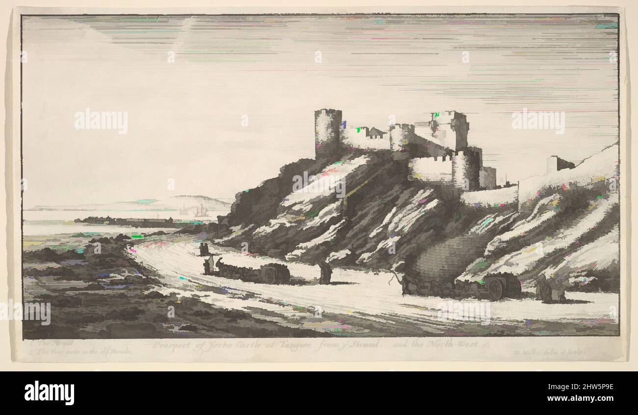 Art inspired by Prospect of Yorke Castle at Tangier, from ye Strand, and the North-West, 1669–73, Etching; first state of two, Sheet: 4 15/16 × 8 9/16 in. (12.6 × 21.7 cm), Prints, Wenceslaus Hollar (Bohemian, Prague 1607–1677 London), From a series of five plates and title-page of, Classic works modernized by Artotop with a splash of modernity. Shapes, color and value, eye-catching visual impact on art. Emotions through freedom of artworks in a contemporary way. A timeless message pursuing a wildly creative new direction. Artists turning to the digital medium and creating the Artotop NFT Stock Photo