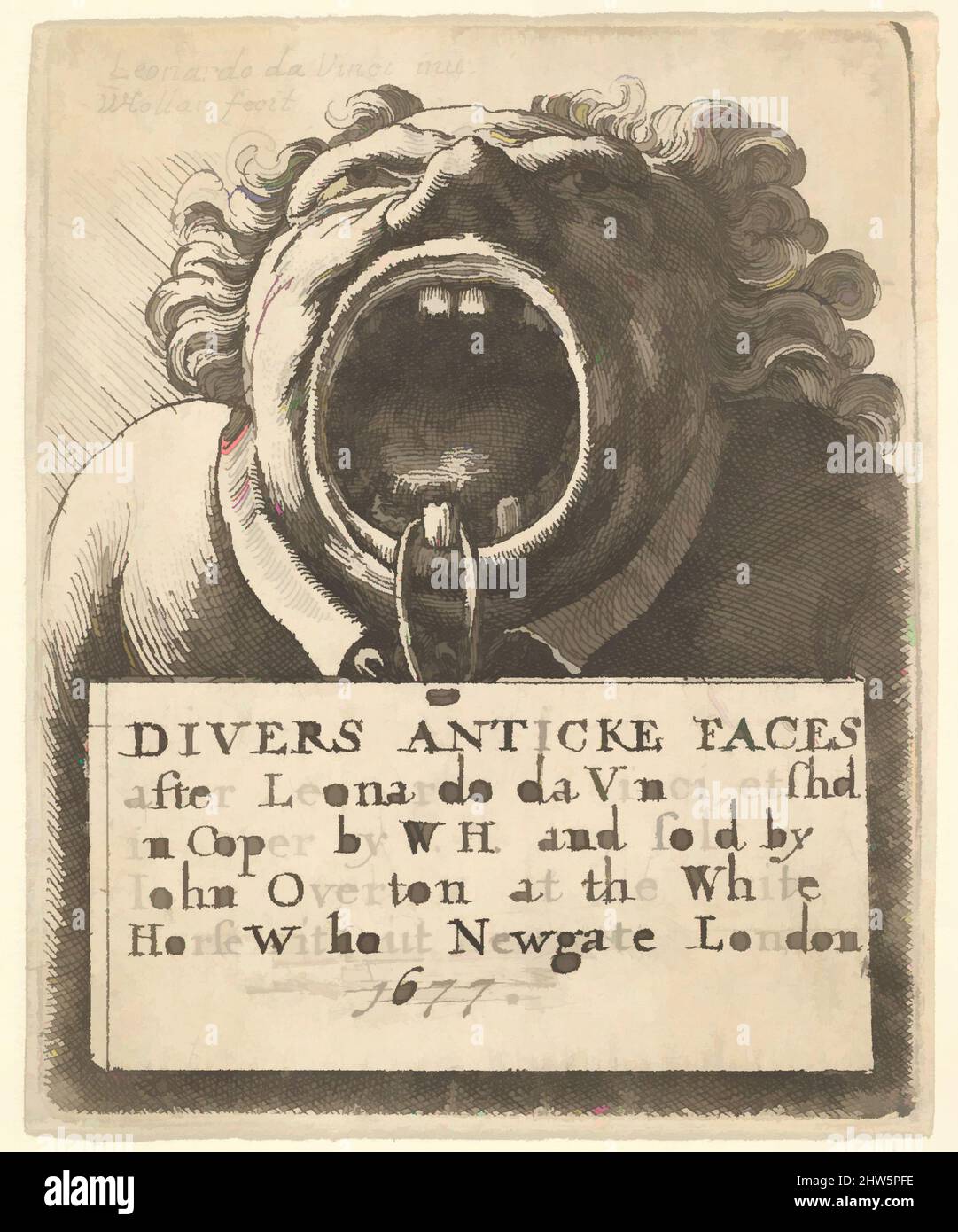 Art inspired by Title Page, Divers Anticke Faces, 1677, Etching; second state of two (NH), Plate: 2 5/8 × 2 3/16 in. (6.7 × 5.5 cm), Prints, After Leonardo da Vinci (Italian, Vinci 1452–1519 Amboise), Title-page to 'Divers Anticke Faces', lettered with title on tablet, suspended from a, Classic works modernized by Artotop with a splash of modernity. Shapes, color and value, eye-catching visual impact on art. Emotions through freedom of artworks in a contemporary way. A timeless message pursuing a wildly creative new direction. Artists turning to the digital medium and creating the Artotop NFT Stock Photo