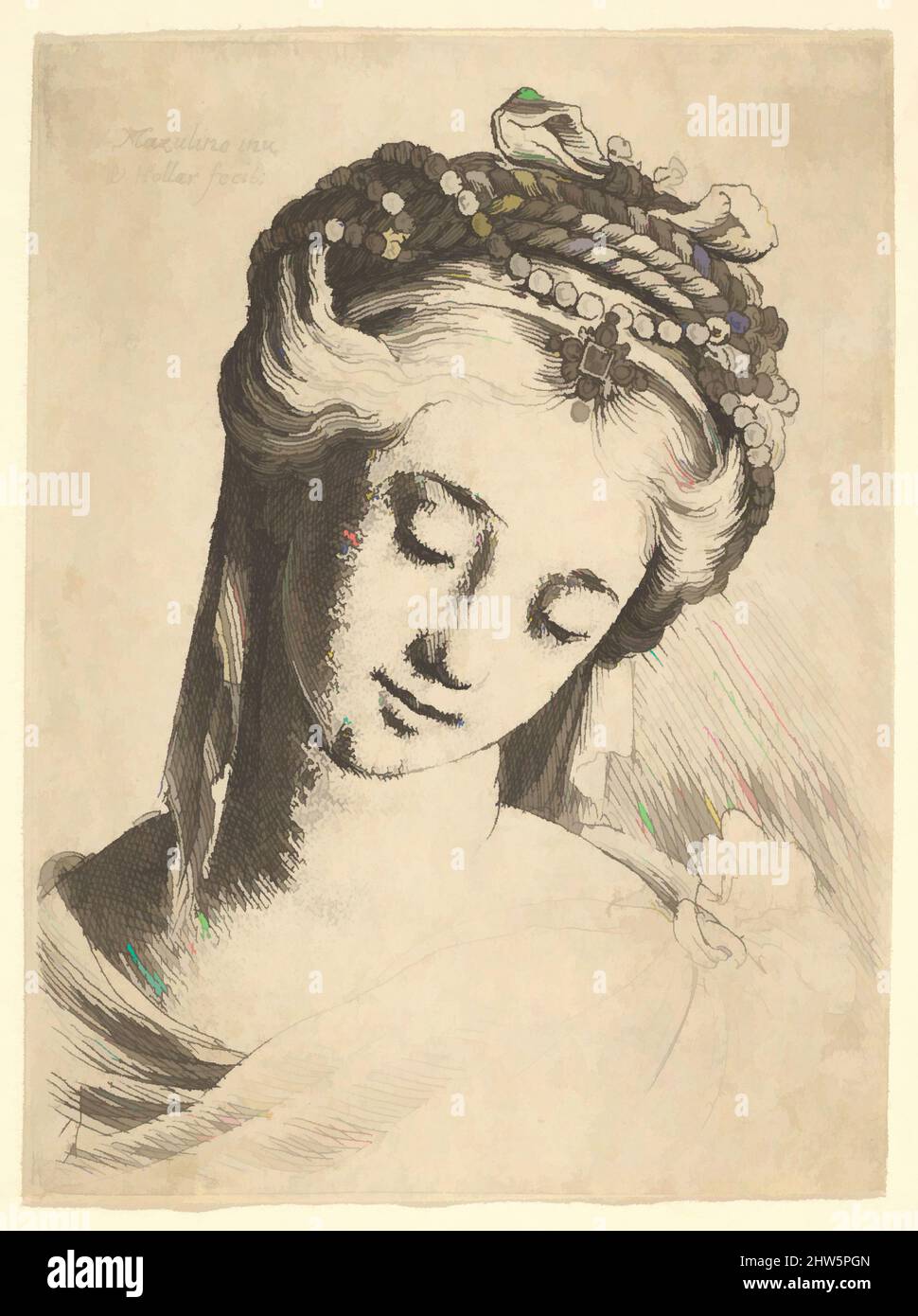 Art inspired by Bust of a young woman with elaborate headdress, looking down., 1625–77, Etching; only state, Plate: 2 1/2 × 1 7/8 in. (6.4 × 4.8 cm), Prints, After Ludovico Mazzolino (Italian, Ferrara ca. 1480–after 1528 Ferrara), Head and shoulders of a young woman, directed to front, Classic works modernized by Artotop with a splash of modernity. Shapes, color and value, eye-catching visual impact on art. Emotions through freedom of artworks in a contemporary way. A timeless message pursuing a wildly creative new direction. Artists turning to the digital medium and creating the Artotop NFT Stock Photo