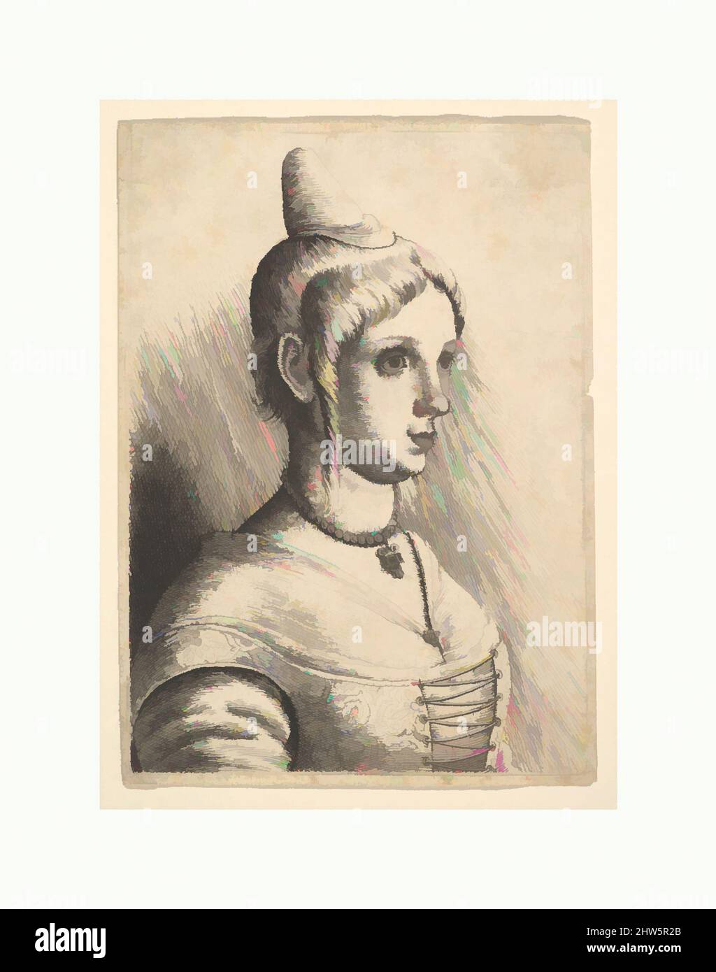 Art inspired by Young woman with a conical hat to right, 1645, Etching; first state of two, Plate: 4 5/16 × 3 1/16 in. (10.9 × 7.8 cm), Prints, Wenceslaus Hollar (Bohemian, Prague 1607–1677 London), Young woman with a conical hat turned to right; she wears a pearl necklace with a, Classic works modernized by Artotop with a splash of modernity. Shapes, color and value, eye-catching visual impact on art. Emotions through freedom of artworks in a contemporary way. A timeless message pursuing a wildly creative new direction. Artists turning to the digital medium and creating the Artotop NFT Stock Photo