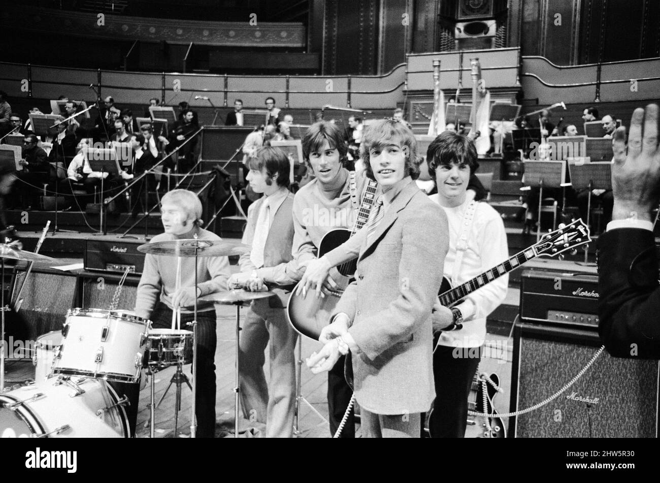 The Bee Gees whose first UK tour opens at the Royal Albert Hall, London 27th March 1968. They will be accompanied by a 67 piece Symphony Orchestra, a huge choir & the RAF Apprentices Marching Band. Stock Photo