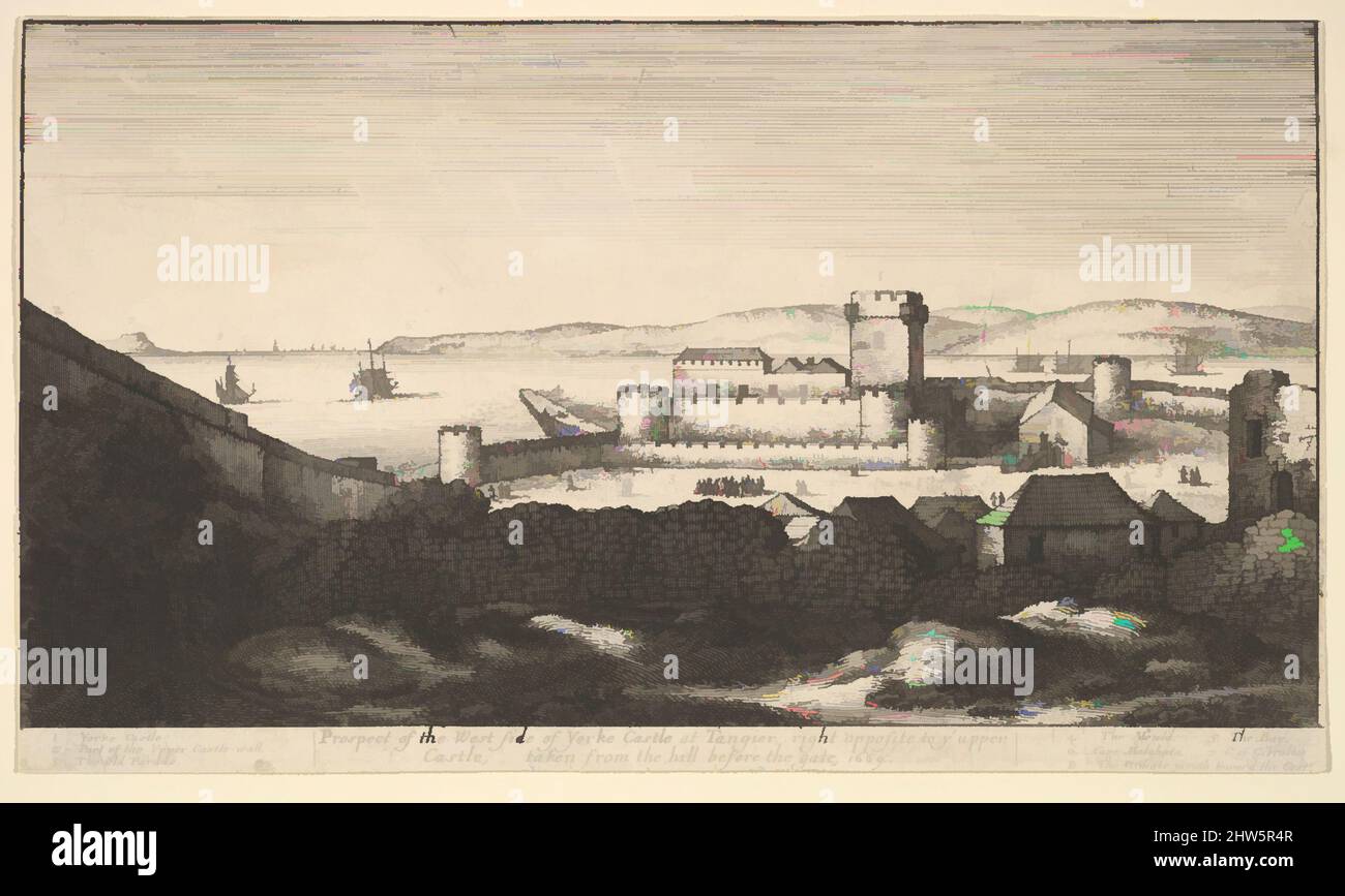 Art inspired by The West Side of Yorke Castle, 1669, Etching; first state of two, Sheet: 4 7/8 × 8 1/2 in. (12.4 × 21.6 cm), Prints, Wenceslaus Hollar (Bohemian, Prague 1607–1677 London), West view of York Castle in Tangier from a hillside, with troops in the courtyard; two ships, Classic works modernized by Artotop with a splash of modernity. Shapes, color and value, eye-catching visual impact on art. Emotions through freedom of artworks in a contemporary way. A timeless message pursuing a wildly creative new direction. Artists turning to the digital medium and creating the Artotop NFT Stock Photo