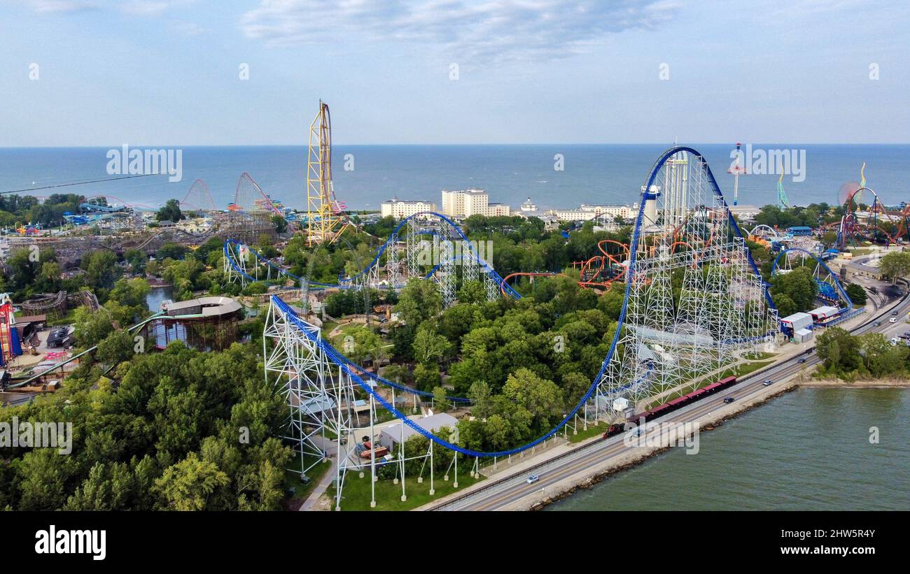 Aerial view of the Cedar Point amusement park in Ohio under a cloudy