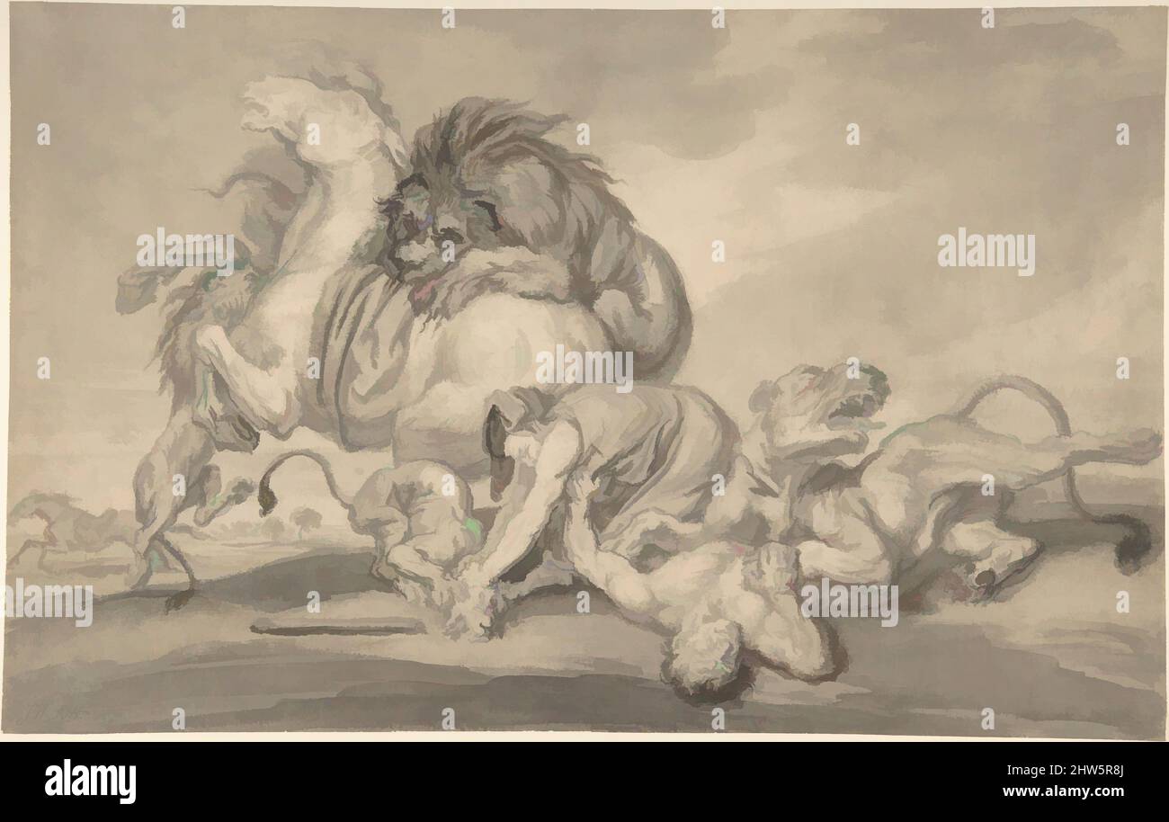 Art inspired by Lions Attacking Two Men and a Horse, 1801–59, Brush, black and gray wash, over black chalk, plate: 10 3/16 x 16 1/8 in. (25.9 x 41 cm), Drawings, Attributed to James Ward (British, London 1769–1859 Chestnut, Hertfordshire, Classic works modernized by Artotop with a splash of modernity. Shapes, color and value, eye-catching visual impact on art. Emotions through freedom of artworks in a contemporary way. A timeless message pursuing a wildly creative new direction. Artists turning to the digital medium and creating the Artotop NFT Stock Photo