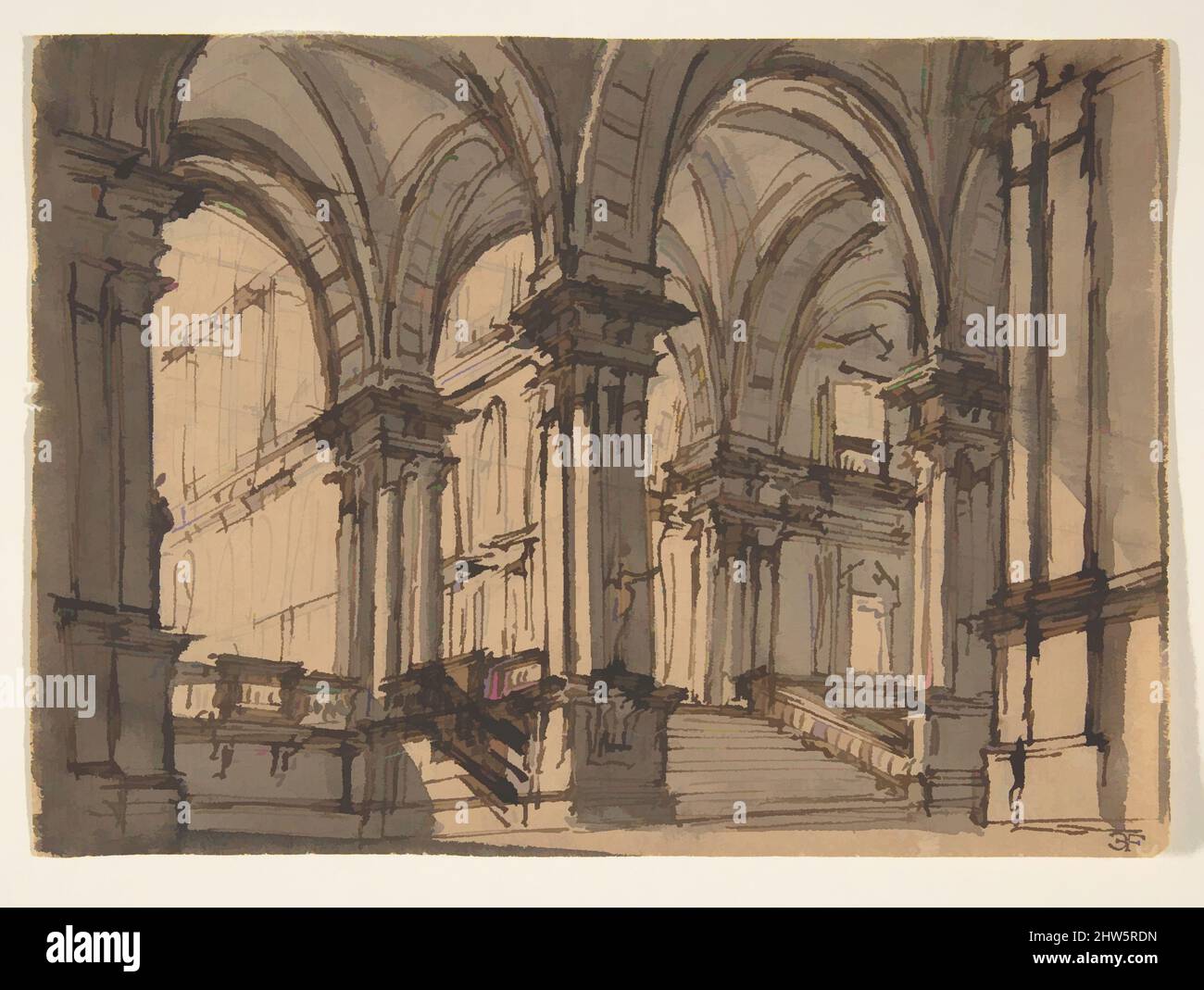 Art inspired by Design for Stage Set, 1698–1765, Pen and brown ink, brush  and brown wash, on yellow-brown paper, sheet: 3 15/16 x 5 7/16 in. (10 x  13.8 cm), Drawings, Attributed