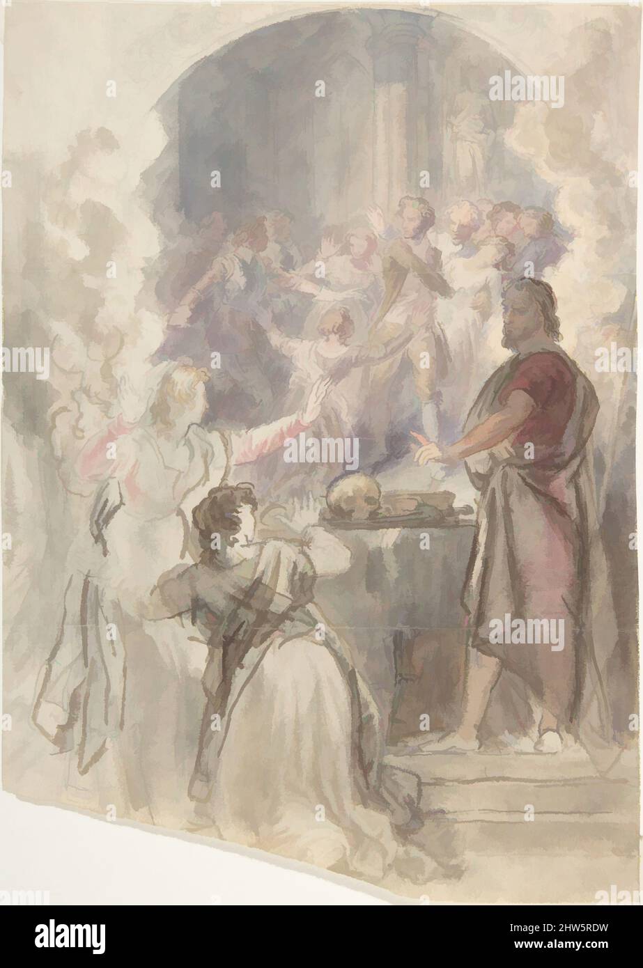 Art inspired by Scene from 'My Aunt Margaret's Mirror' (Keepsake Story by Sir Walter Scott), ca. 1828, Watercolor, Sheet: 7 5/8 x 5 7/16 in. (19.4 x 13.8 cm), Drawings, John William Wright (British, London 1802–1848 London, Classic works modernized by Artotop with a splash of modernity. Shapes, color and value, eye-catching visual impact on art. Emotions through freedom of artworks in a contemporary way. A timeless message pursuing a wildly creative new direction. Artists turning to the digital medium and creating the Artotop NFT Stock Photo