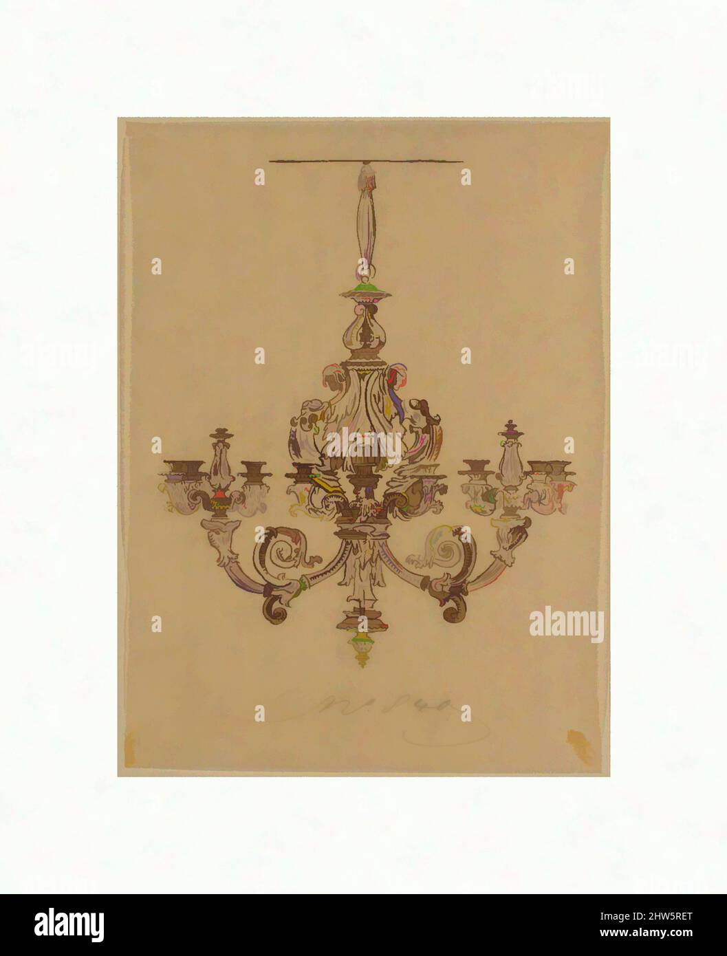 Art inspired by Design for a Chandelier, 19th century, Pen and brown ink, sheet: 8 3/8 x 6 9/16 in. (21.2 x 16.7 cm), Drawings, Anonymous, French, 19th century, Classic works modernized by Artotop with a splash of modernity. Shapes, color and value, eye-catching visual impact on art. Emotions through freedom of artworks in a contemporary way. A timeless message pursuing a wildly creative new direction. Artists turning to the digital medium and creating the Artotop NFT Stock Photo