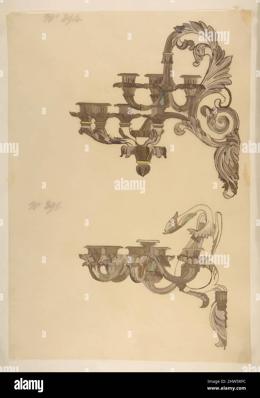 Art inspired by Designs for Two Sconces, 19th century, Pen and brown ink, image: 14 1/2 x 10 1/4 in. (36.9 x 26.1 cm), Drawings, Anonymous, French, 19th century, Classic works modernized by Artotop with a splash of modernity. Shapes, color and value, eye-catching visual impact on art. Emotions through freedom of artworks in a contemporary way. A timeless message pursuing a wildly creative new direction. Artists turning to the digital medium and creating the Artotop NFT Stock Photo