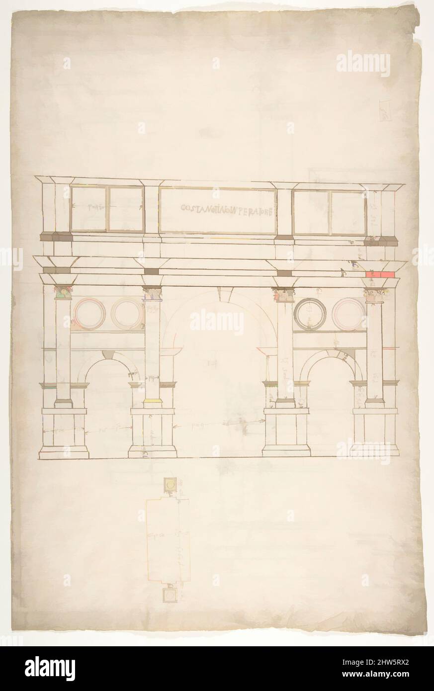 Art inspired by Arch of Constantine, elev, partial plan (recto) Arch of Constantine, profiles of base, shaft and entablature (verso), ca. 1540–60, Dark brown ink, black chalk, and incised lines, sheet: 17 5/16 x 11 9/16 in. (44 x 29.3 cm, Classic works modernized by Artotop with a splash of modernity. Shapes, color and value, eye-catching visual impact on art. Emotions through freedom of artworks in a contemporary way. A timeless message pursuing a wildly creative new direction. Artists turning to the digital medium and creating the Artotop NFT Stock Photo
