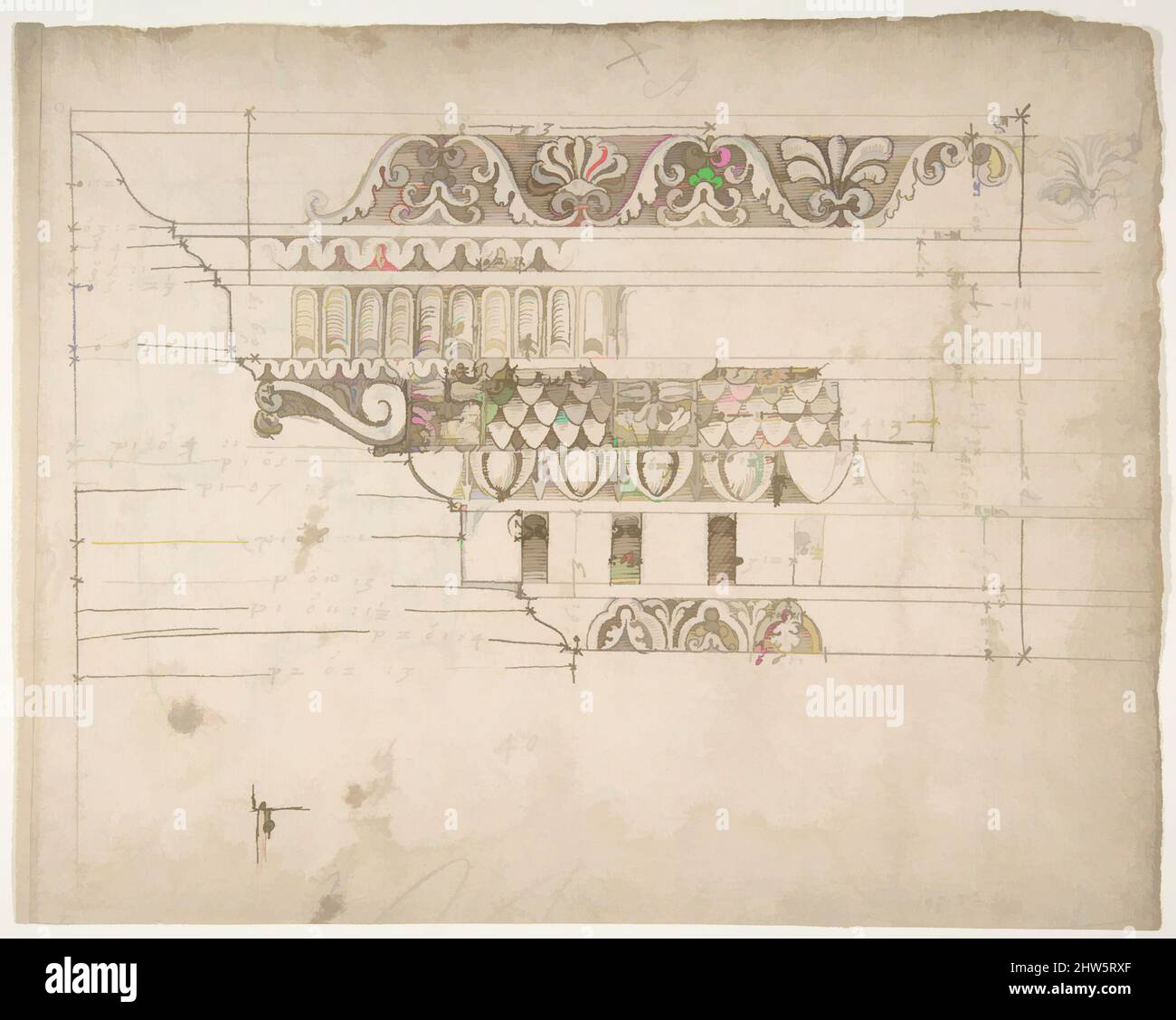Art inspired by Arch of Camigliano, cornice, elevation in profile, ornamental detailing (recto) Unidentified, Doric capital; Arch of Camigliano, cornice, profile, sketch (verso), early to mid-16th century, Dark brown ink, black chalk, and incised lines, sheet: 9 3/16 x 11 9/16 in. (23., Classic works modernized by Artotop with a splash of modernity. Shapes, color and value, eye-catching visual impact on art. Emotions through freedom of artworks in a contemporary way. A timeless message pursuing a wildly creative new direction. Artists turning to the digital medium and creating the Artotop NFT Stock Photo