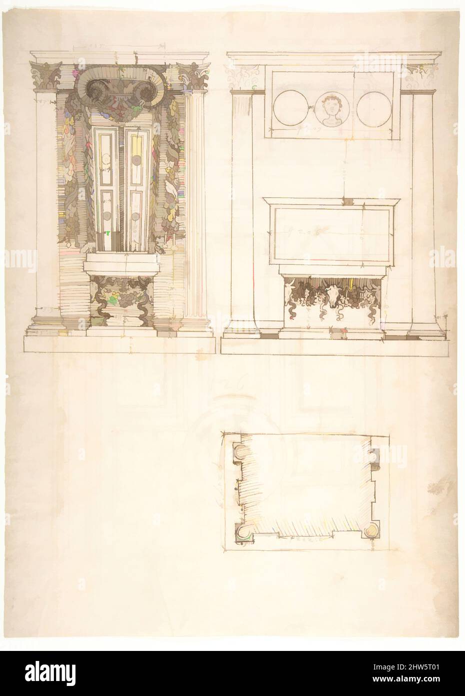Art inspired by Unidentified, funerary altar, plan and elevations (recto) S. Giovanni Laterano, Oratorio della Santa Croce, paneling, elevation (verso), early to mid-16th century, Dark brown ink, black chalk, and incised lines, sheet: 15 3/8 x 11 1/8 in. (39 x 28.3 cm, Classic works modernized by Artotop with a splash of modernity. Shapes, color and value, eye-catching visual impact on art. Emotions through freedom of artworks in a contemporary way. A timeless message pursuing a wildly creative new direction. Artists turning to the digital medium and creating the Artotop NFT Stock Photo