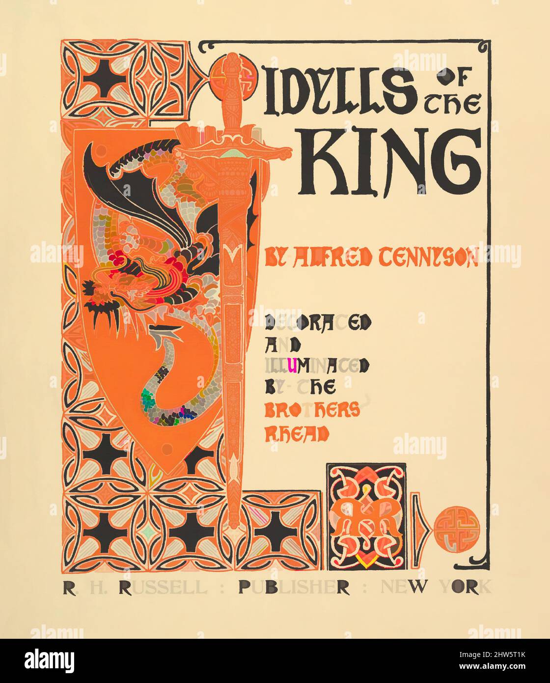 Art inspired by Idylls of the King by Alfred Tennyson, 1898, Commercial relief process and letterpress, Sheet: 14 9/16 × 12 1/2 in. (37 × 31.8 cm), Prints, Louis John Rhead (American, born England, 1857–1926, Classic works modernized by Artotop with a splash of modernity. Shapes, color and value, eye-catching visual impact on art. Emotions through freedom of artworks in a contemporary way. A timeless message pursuing a wildly creative new direction. Artists turning to the digital medium and creating the Artotop NFT Stock Photo