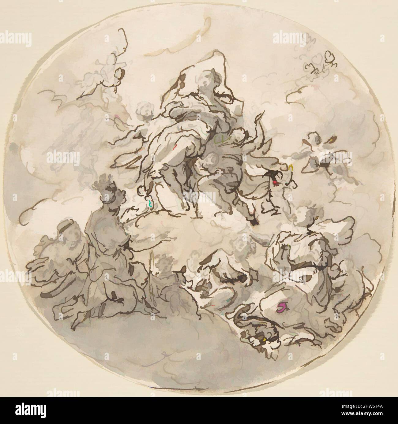 Art inspired by Apotheosis, 1710–57, Graphite, pen and dark brown ink, gray wash, Diameter: 5 3/16 in., Drawings, Attributed to Johann Georg Etgens (Austrian, Brno 1693–1757 Brno, Classic works modernized by Artotop with a splash of modernity. Shapes, color and value, eye-catching visual impact on art. Emotions through freedom of artworks in a contemporary way. A timeless message pursuing a wildly creative new direction. Artists turning to the digital medium and creating the Artotop NFT Stock Photo