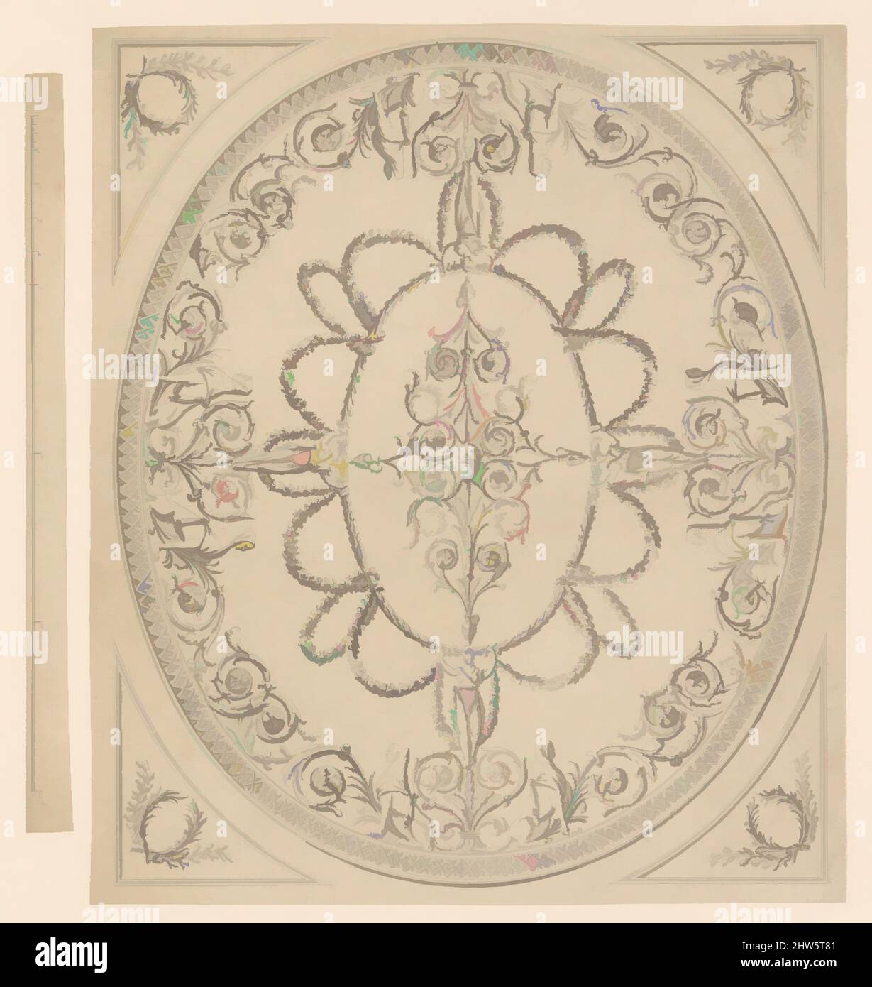 Art inspired by Design for a Ceiling, an Oval within a Square, having a Criss-cross Border to the Oval, for Ampthill Park, Bedfordshire, ca. 1769, Pen, gray ink, wash, sheet: 15 1/8 x 17 5/8 in. (38.4 x 44.8 cm), Sir William Chambers (British (born Sweden), Göteborg 1723–1796 London, Classic works modernized by Artotop with a splash of modernity. Shapes, color and value, eye-catching visual impact on art. Emotions through freedom of artworks in a contemporary way. A timeless message pursuing a wildly creative new direction. Artists turning to the digital medium and creating the Artotop NFT Stock Photo