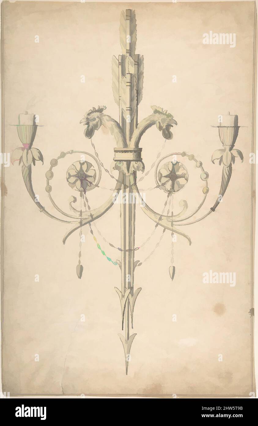 Art inspired by Design for a Girandole Composed of Three Clasping Arrows and Candle-branches Terminating in Cockerel Heads, 1743–97, Pen and wash, sheet: 15 15/16 x 10 1/2 in. (40.5 x 26.6 cm), Sir William Chambers (British (born Sweden), Göteborg 1723–1796 London, Classic works modernized by Artotop with a splash of modernity. Shapes, color and value, eye-catching visual impact on art. Emotions through freedom of artworks in a contemporary way. A timeless message pursuing a wildly creative new direction. Artists turning to the digital medium and creating the Artotop NFT Stock Photo