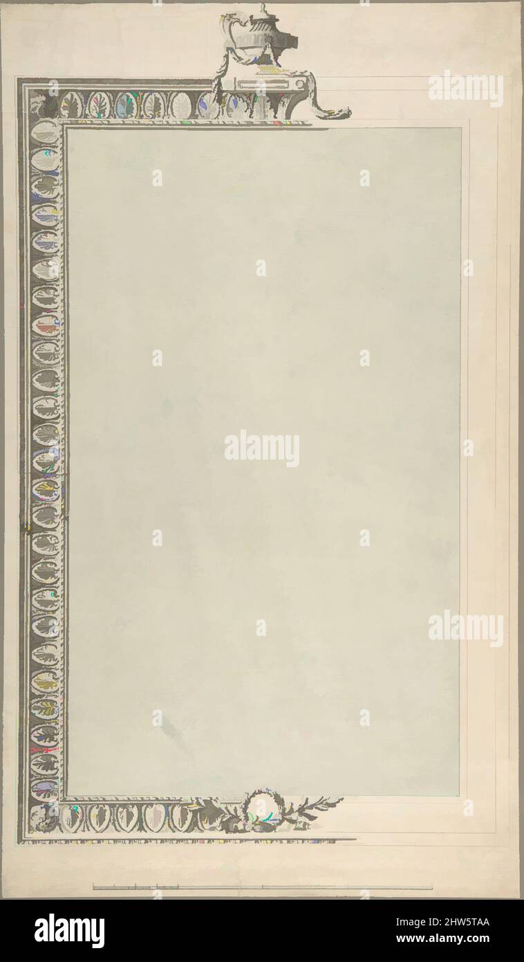 Art inspired by Design for a Pier-glass, of Tall Oblong Form, the Border a Palmette Frieze, the Termination an Urn, 1740–1800, Pen and ink and watercolor, sheet: 15 1/2 x 9 1/2 in. (39.3 x 24.1 cm), Sir William Chambers (British (born Sweden), Göteborg 1723–1796 London), John Yenn (, Classic works modernized by Artotop with a splash of modernity. Shapes, color and value, eye-catching visual impact on art. Emotions through freedom of artworks in a contemporary way. A timeless message pursuing a wildly creative new direction. Artists turning to the digital medium and creating the Artotop NFT Stock Photo