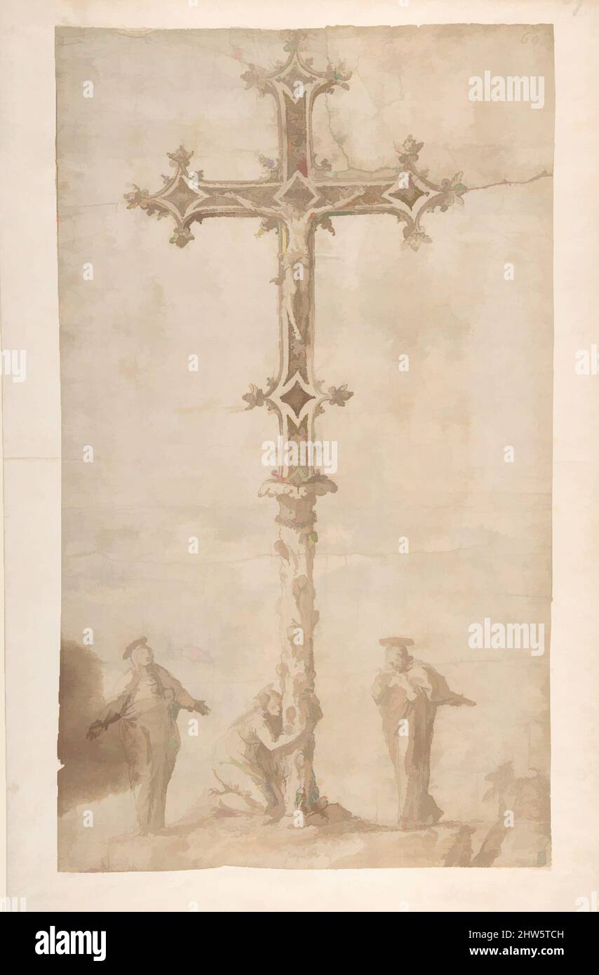 Art inspired by Design for a Crucifix with the Virgin Mary, Saint Mary Magdalen, and Saint John, n.d., Pen and brown ink, brush and brown wash, over traces of black chalk, 15 7/8 x 9 5/16 in. (40.3 x 23.6 cm), Drawings, Polidoro da Caravaggio (Italian, Caravaggio ca. 1499–ca. 1543, Classic works modernized by Artotop with a splash of modernity. Shapes, color and value, eye-catching visual impact on art. Emotions through freedom of artworks in a contemporary way. A timeless message pursuing a wildly creative new direction. Artists turning to the digital medium and creating the Artotop NFT Stock Photo