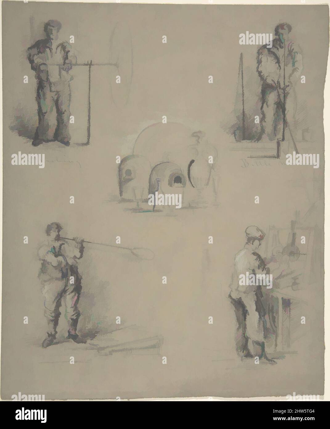 Art inspired by Five images showing the processes of manufacturing glass, 19th century, Graphite, white chalk and ink on gray paper, sheet: 9 1/8 x 7 1/2 in. (23.2 x 19.1 cm), Drawings, Anonymous, British, 19th century, Classic works modernized by Artotop with a splash of modernity. Shapes, color and value, eye-catching visual impact on art. Emotions through freedom of artworks in a contemporary way. A timeless message pursuing a wildly creative new direction. Artists turning to the digital medium and creating the Artotop NFT Stock Photo