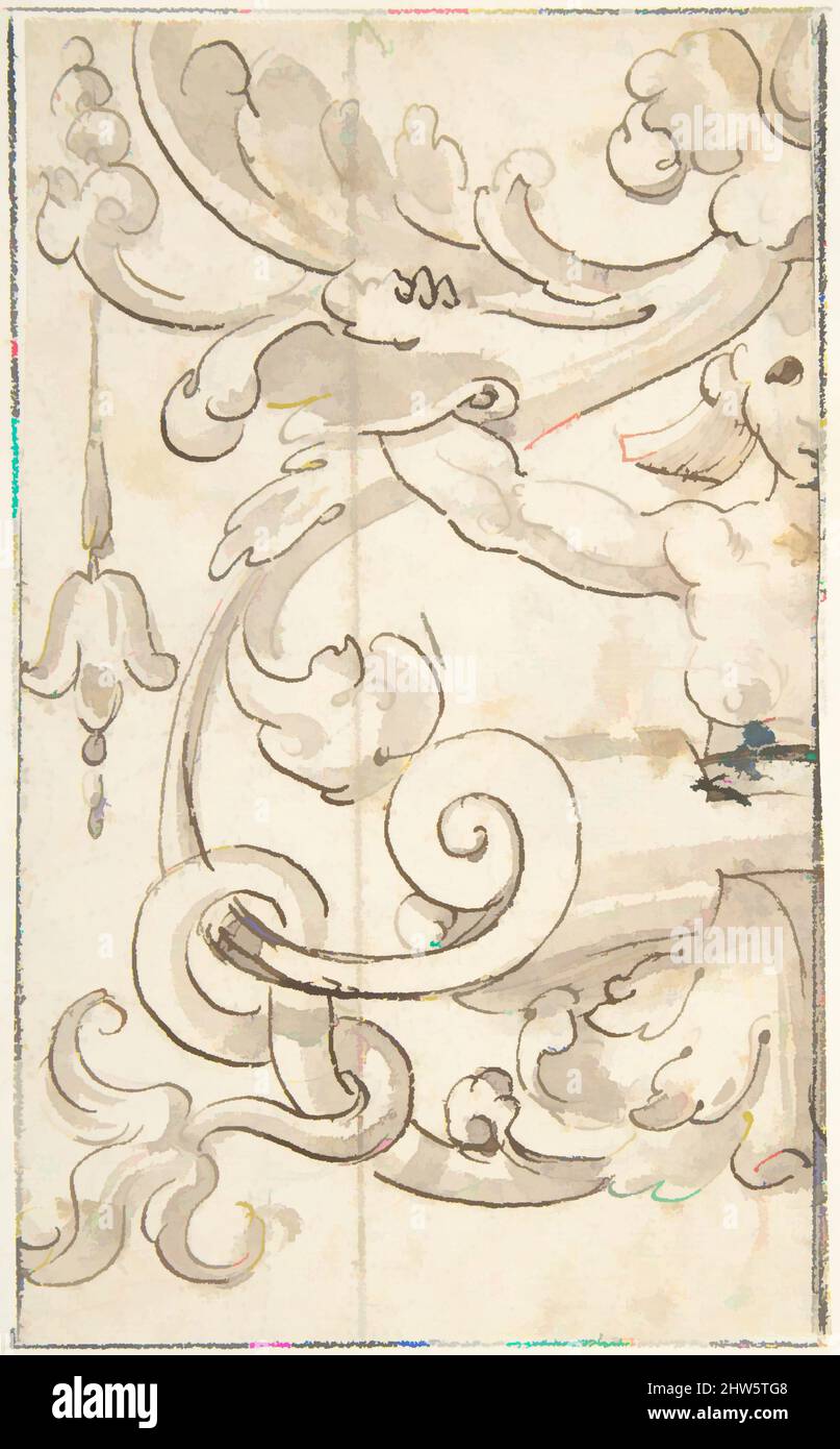 Art inspired by Fragment of Ornamental Drawing after the Antique; Half-harpy with Acanthus Rinceaux, 16th century, Pen and brown ink, brush with gray wash, over traces of metalpoint; design has been selectively pricked., 6 x 3 11/16 in. (15.3 x 9.3 cm), Andrés de Melgar (Spanish, Classic works modernized by Artotop with a splash of modernity. Shapes, color and value, eye-catching visual impact on art. Emotions through freedom of artworks in a contemporary way. A timeless message pursuing a wildly creative new direction. Artists turning to the digital medium and creating the Artotop NFT Stock Photo