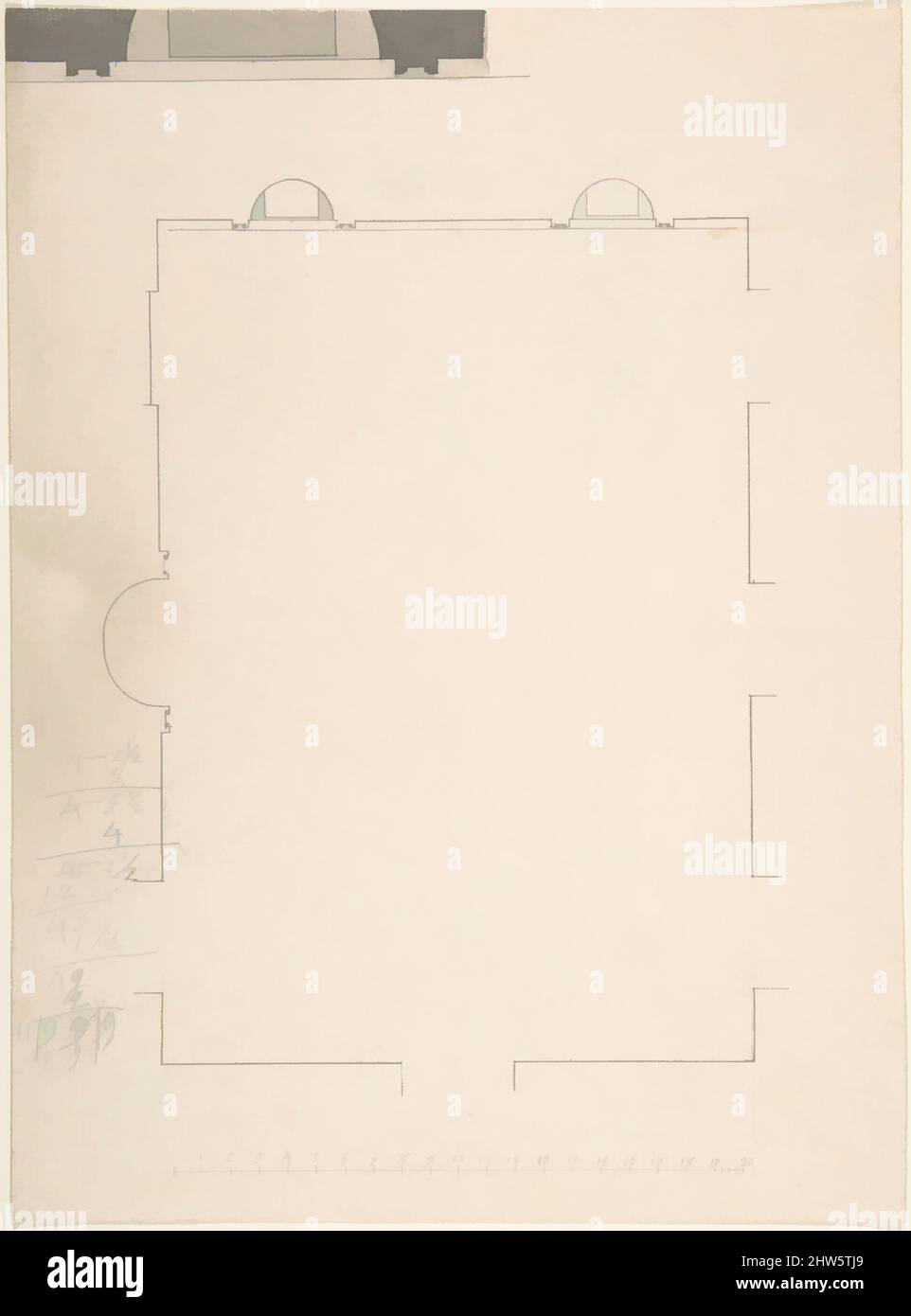 Art inspired by Plan of large room with three niches, 18th century, Pen and ink, sheet: 11 x 8 1/4 in. (27.9 x 21 cm), Anonymous, British, 18th century, Classic works modernized by Artotop with a splash of modernity. Shapes, color and value, eye-catching visual impact on art. Emotions through freedom of artworks in a contemporary way. A timeless message pursuing a wildly creative new direction. Artists turning to the digital medium and creating the Artotop NFT Stock Photo