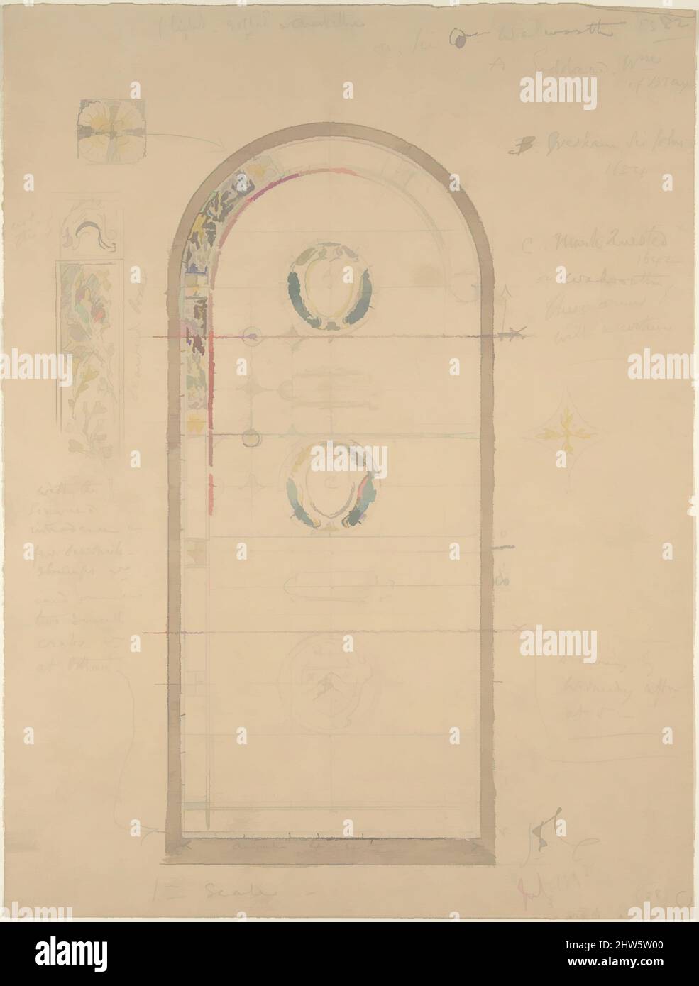 Art inspired by Design for Arched Stained Glass Windows (recto); Design for an Architectural Element (verso), ca. 1898, Graphite, pen and ink and watercolor, sheet: 13 3/16 x 9 7/8 in. (33.5 x 25.1 cm), John Dibblee Crace (British, London 1838–1919 London, Classic works modernized by Artotop with a splash of modernity. Shapes, color and value, eye-catching visual impact on art. Emotions through freedom of artworks in a contemporary way. A timeless message pursuing a wildly creative new direction. Artists turning to the digital medium and creating the Artotop NFT Stock Photo