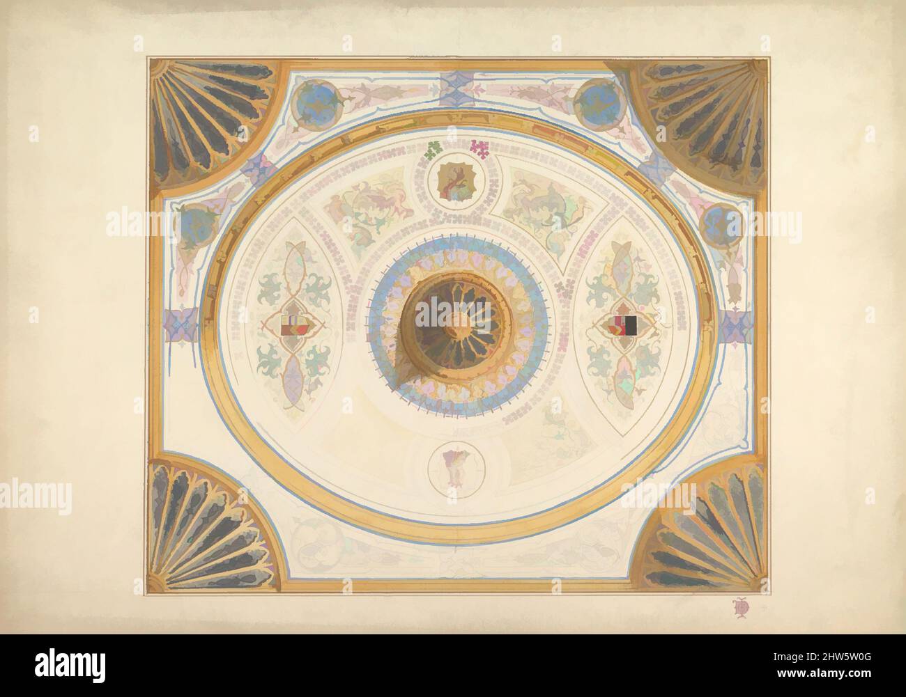 Art inspired by Design for Ceiling with Two Portraits and Fan Supports at Corners, 19th century, Graphite, watercolor and gilt, sheet: 19 1/8 x 12 1/2 in. (48.6 x 31.8 cm), John Gregory Crace (British, London 1809–1889 Dulwich), and Son, Classic works modernized by Artotop with a splash of modernity. Shapes, color and value, eye-catching visual impact on art. Emotions through freedom of artworks in a contemporary way. A timeless message pursuing a wildly creative new direction. Artists turning to the digital medium and creating the Artotop NFT Stock Photo