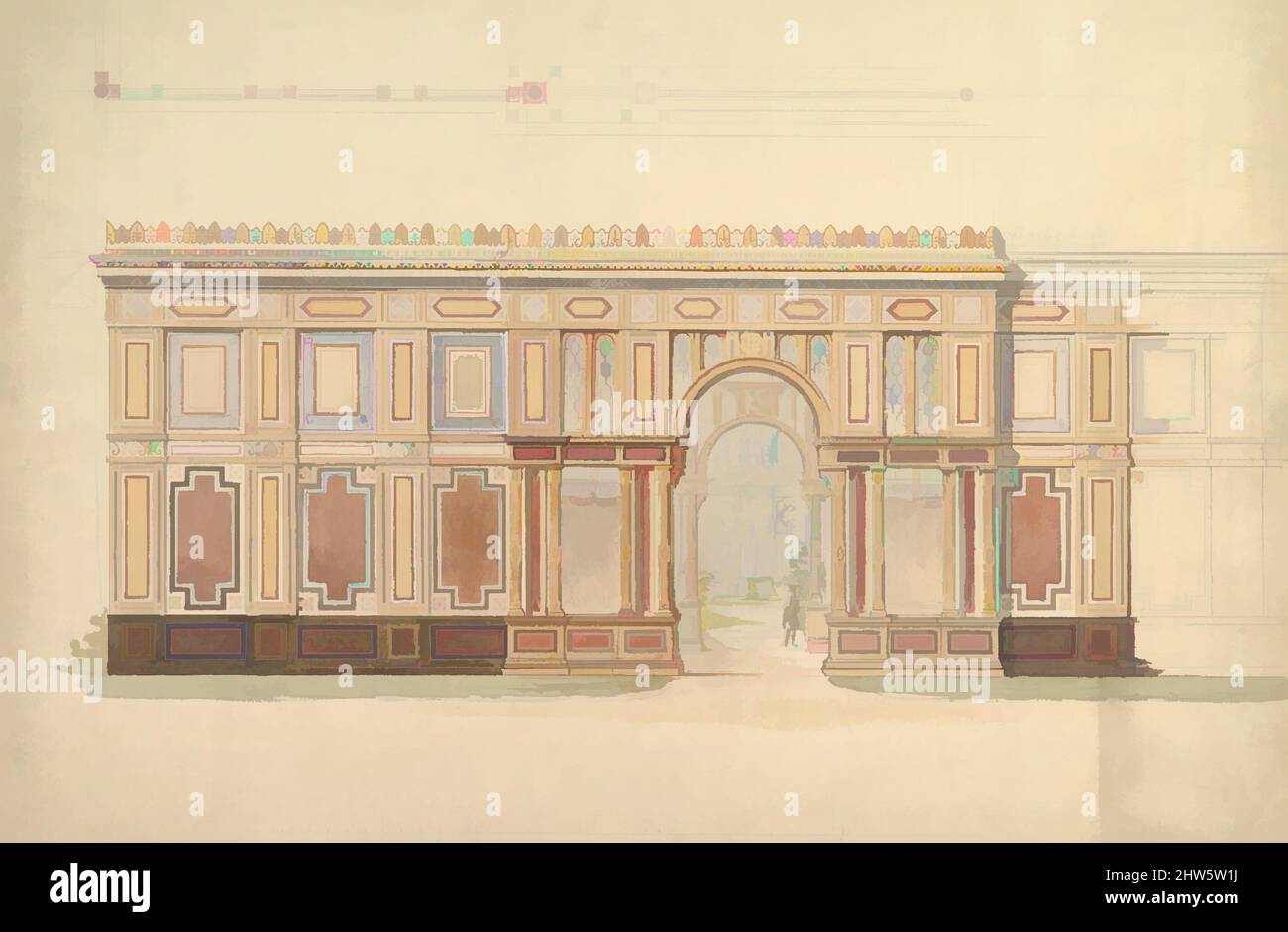 Art inspired by Elevation and Cross-Section of of Gallery Wall, 19th century, Graphite and watercolor, sheet: 14 1/2 x 21 3/8 in. (36.8 x 54.3 cm), John Gregory Crace (British, London 1809–1889 Dulwich), and Son, Classic works modernized by Artotop with a splash of modernity. Shapes, color and value, eye-catching visual impact on art. Emotions through freedom of artworks in a contemporary way. A timeless message pursuing a wildly creative new direction. Artists turning to the digital medium and creating the Artotop NFT Stock Photo