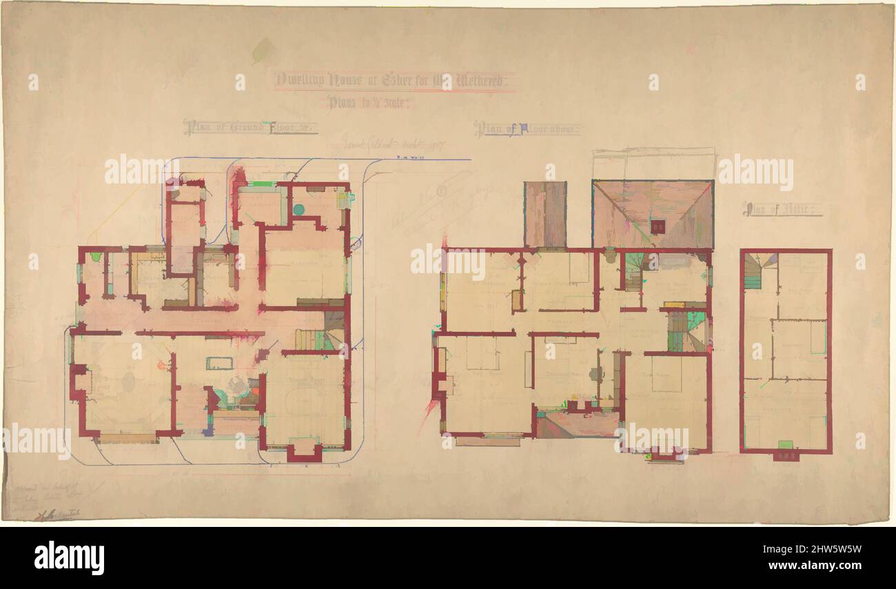 Art inspired by Dwelling house at Esher for Mrs. Wethered: Two plans, 1907, Pen and ink, over graphite, with watercolor, sheet: 12 1/4 x 20 3/4 in. (31.1 x 52.7 cm), Ernest Geldart (British, London 1848–1929, Classic works modernized by Artotop with a splash of modernity. Shapes, color and value, eye-catching visual impact on art. Emotions through freedom of artworks in a contemporary way. A timeless message pursuing a wildly creative new direction. Artists turning to the digital medium and creating the Artotop NFT Stock Photo