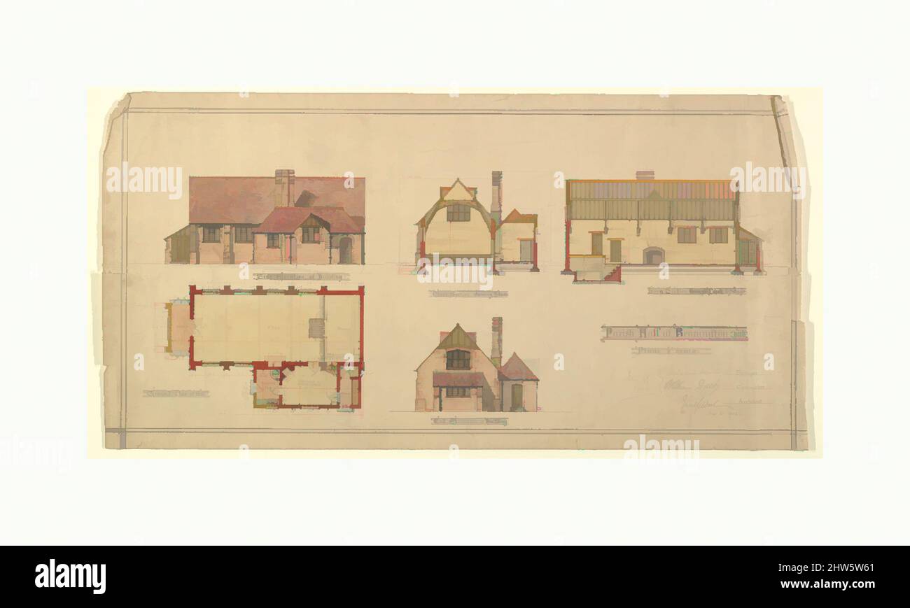 Art inspired by Parrish Hall at Bennington, Hertfordshire, 1902, Pen and in, over graphite, with watercolor, sheet: 12 1/2 x 24 3/4 in. (31.8 x 62.9 cm), Ernest Geldart (British, London 1848–1929, Classic works modernized by Artotop with a splash of modernity. Shapes, color and value, eye-catching visual impact on art. Emotions through freedom of artworks in a contemporary way. A timeless message pursuing a wildly creative new direction. Artists turning to the digital medium and creating the Artotop NFT Stock Photo