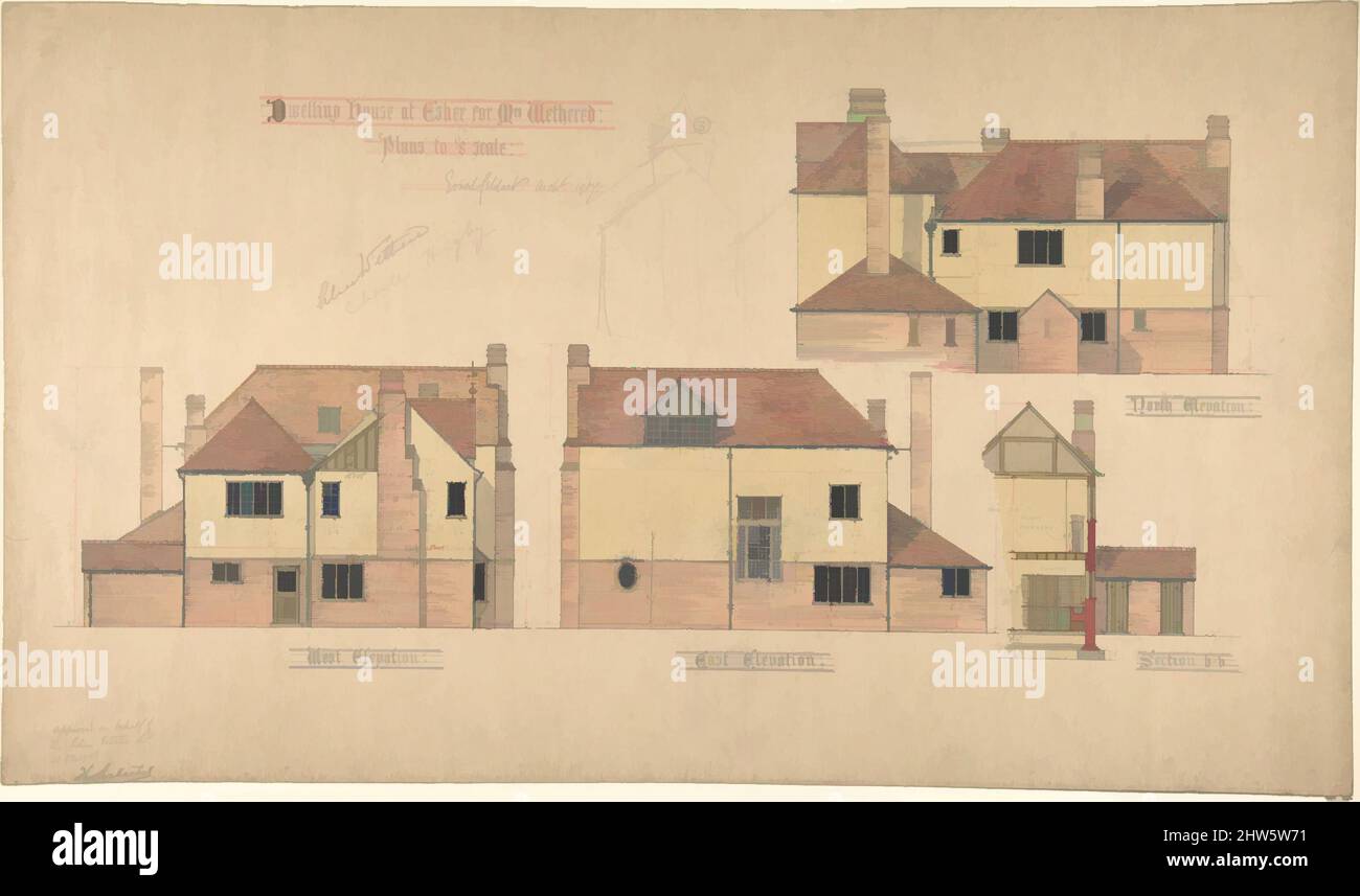 Art inspired by Dwelling house at Esher for Mrs. Wethered: Three Elevations, and a Partial Section, 1907, Pen and ink, over graphite, with watercolor, sheet: 12 x 20 3/4 in. (30.5 x 52.7 cm), Ernest Geldart (British, London 1848–1929, Classic works modernized by Artotop with a splash of modernity. Shapes, color and value, eye-catching visual impact on art. Emotions through freedom of artworks in a contemporary way. A timeless message pursuing a wildly creative new direction. Artists turning to the digital medium and creating the Artotop NFT Stock Photo