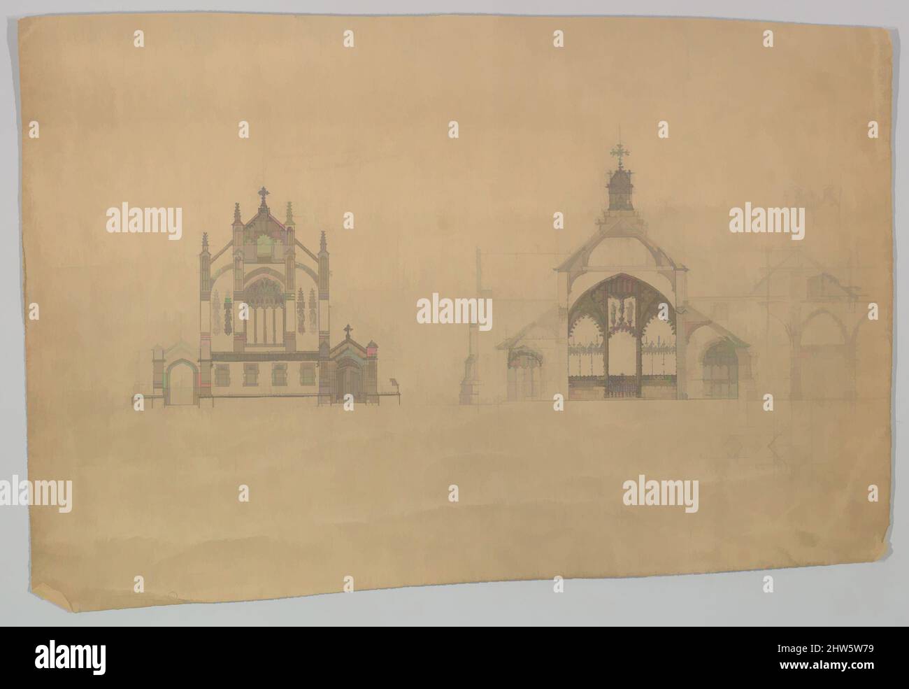 Art inspired by Elevation and section of a church in gothic style, late ...