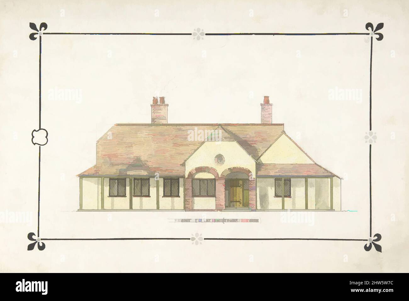 Art inspired by Bungalow drawing -- Front Elevation, 1911, Watercolor, pen and black ink over graphite, sheet: 8 1/16 x 11 15/16 in. (20.5 x 30.3 cm), Ernest Geldart (British, London 1848–1929, Classic works modernized by Artotop with a splash of modernity. Shapes, color and value, eye-catching visual impact on art. Emotions through freedom of artworks in a contemporary way. A timeless message pursuing a wildly creative new direction. Artists turning to the digital medium and creating the Artotop NFT Stock Photo