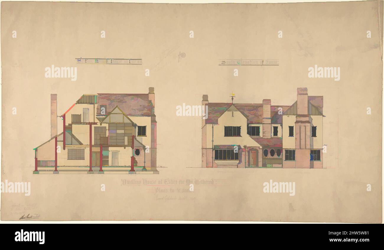 Art inspired by Dwelling house at Esher for Mrs Wethered: Elevation and Section, 1907, Pen and ink, over graphite, with watercolor, sheet: 12 x 20 3/4 in. (30.5 x 52.7 cm), Ernest Geldart (British, London 1848–1929, Classic works modernized by Artotop with a splash of modernity. Shapes, color and value, eye-catching visual impact on art. Emotions through freedom of artworks in a contemporary way. A timeless message pursuing a wildly creative new direction. Artists turning to the digital medium and creating the Artotop NFT Stock Photo