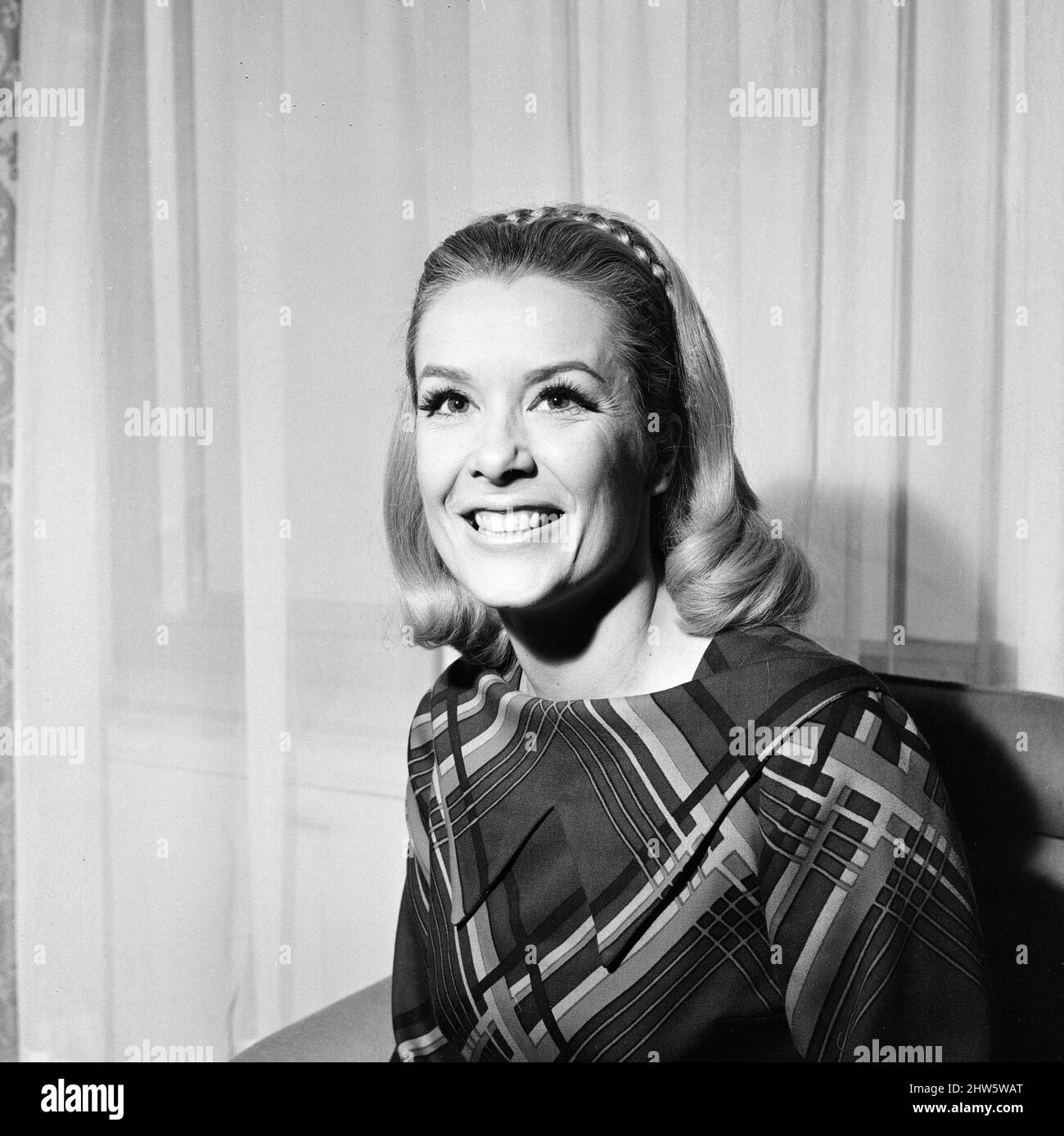 Sally Ann Howes, English actress and singer, in London to attend Royal