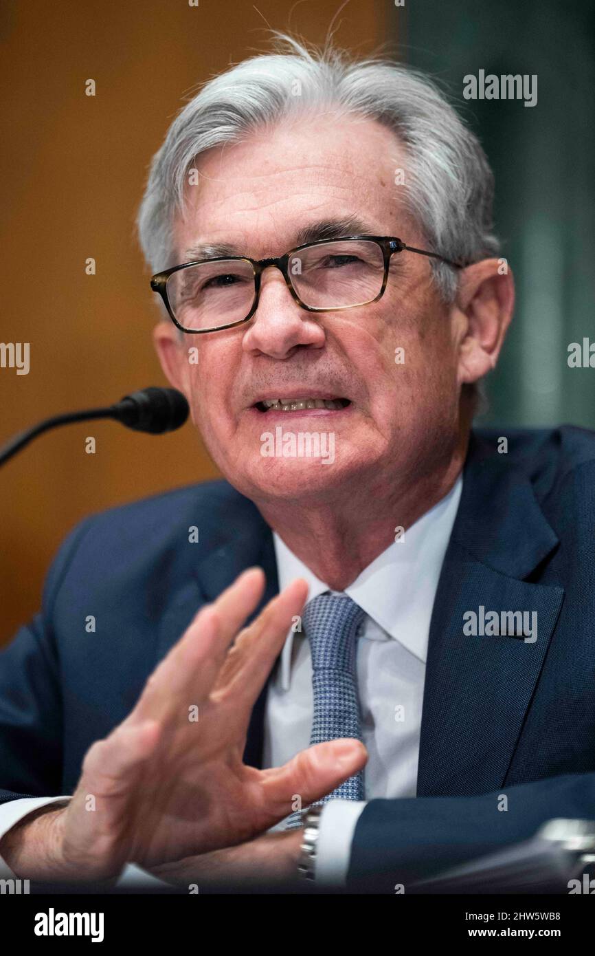 Federal Reserve Chairman Jerome Powell testifies during the Senate ...