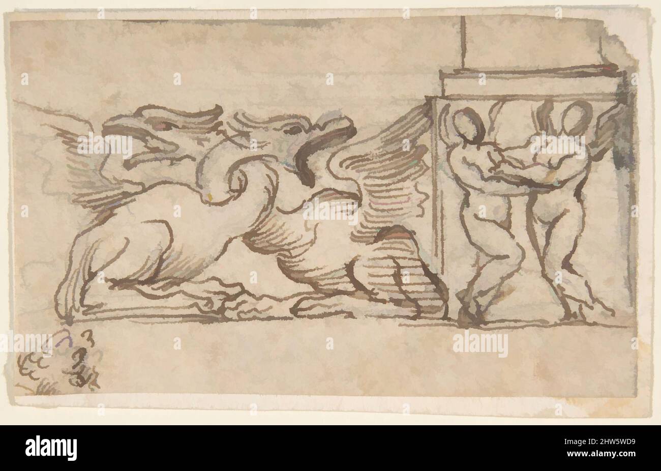 Art inspired by Ornamental Design of Winged Female Figures and Dragons, 17th century, Pen and brown ink, over leadpoint or black chalk., 1 15/16 x 3 1/8 in. (4.9 x 7.9 cm), Drawings, Anonymous, Italian, 17th century, Classic works modernized by Artotop with a splash of modernity. Shapes, color and value, eye-catching visual impact on art. Emotions through freedom of artworks in a contemporary way. A timeless message pursuing a wildly creative new direction. Artists turning to the digital medium and creating the Artotop NFT Stock Photo