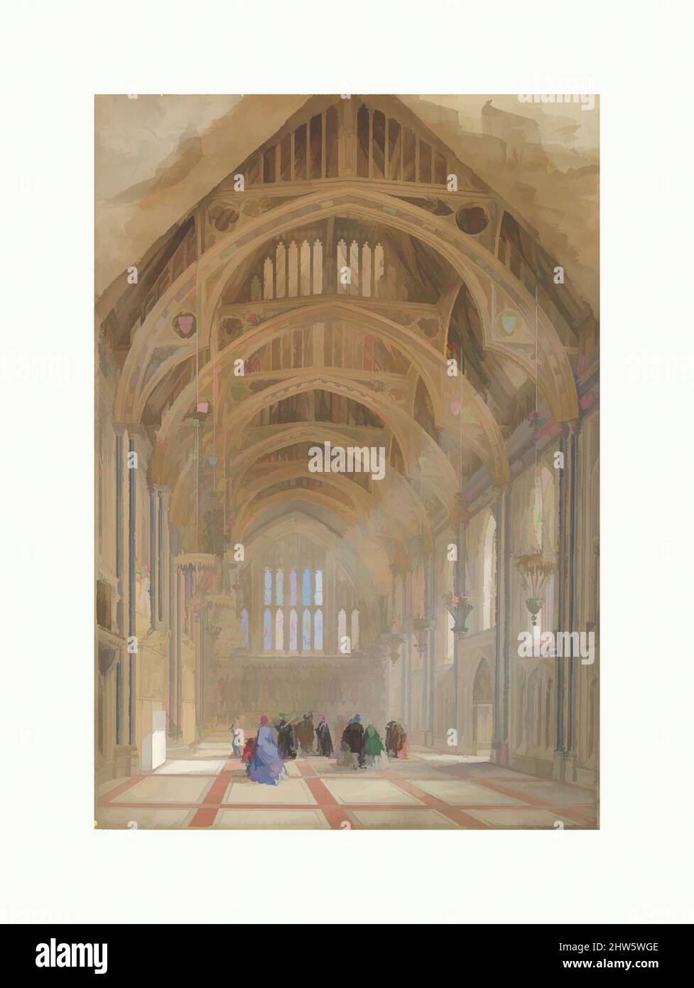 Art inspired by Guildhall, London: The Great Hall, Facing East, ca. 1864, Watercolor, pen and ink, graphite, image (peaked at top): 26 1/4 x 18 in. (66.7 x 45.7 cm), Drawings, Sir Horace Jones (British, London 1819–1887 London, Classic works modernized by Artotop with a splash of modernity. Shapes, color and value, eye-catching visual impact on art. Emotions through freedom of artworks in a contemporary way. A timeless message pursuing a wildly creative new direction. Artists turning to the digital medium and creating the Artotop NFT Stock Photo