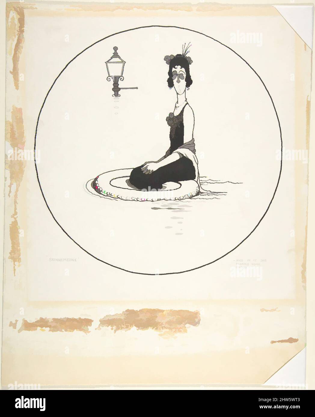 Art inspired by And in it She Floated Home Safely': Skinnemelink, Topsy-Turvy Tales, ca. 1923, Pen and ink and wash, Image diameter: 8 3/4 in. (22.2 cm), Drawings, William Heath Robinson (British, London 1872–1944 Highgate, London, Classic works modernized by Artotop with a splash of modernity. Shapes, color and value, eye-catching visual impact on art. Emotions through freedom of artworks in a contemporary way. A timeless message pursuing a wildly creative new direction. Artists turning to the digital medium and creating the Artotop NFT Stock Photo