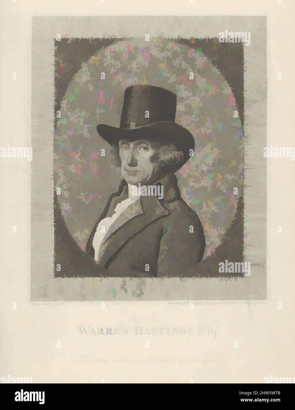 Art inspired by Portrait of Warren Hastings, Esq., April 30, 1795, Stipple engraving, image: 6 5/8 x 5 1/2 in. (16.8 x 14 cm), Prints, George Townley Stubbs (British, Liverpool 1756–1815), After George Stubbs (British, Liverpool 1724–1806 London, Classic works modernized by Artotop with a splash of modernity. Shapes, color and value, eye-catching visual impact on art. Emotions through freedom of artworks in a contemporary way. A timeless message pursuing a wildly creative new direction. Artists turning to the digital medium and creating the Artotop NFT Stock Photo